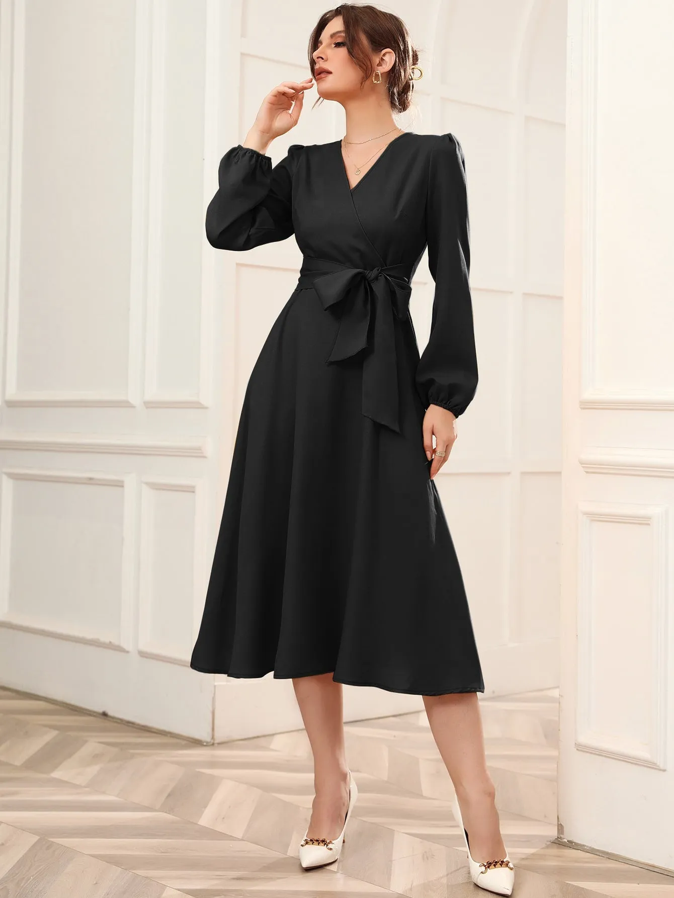 Surplice Neck Bishop Sleeve Belted Dress