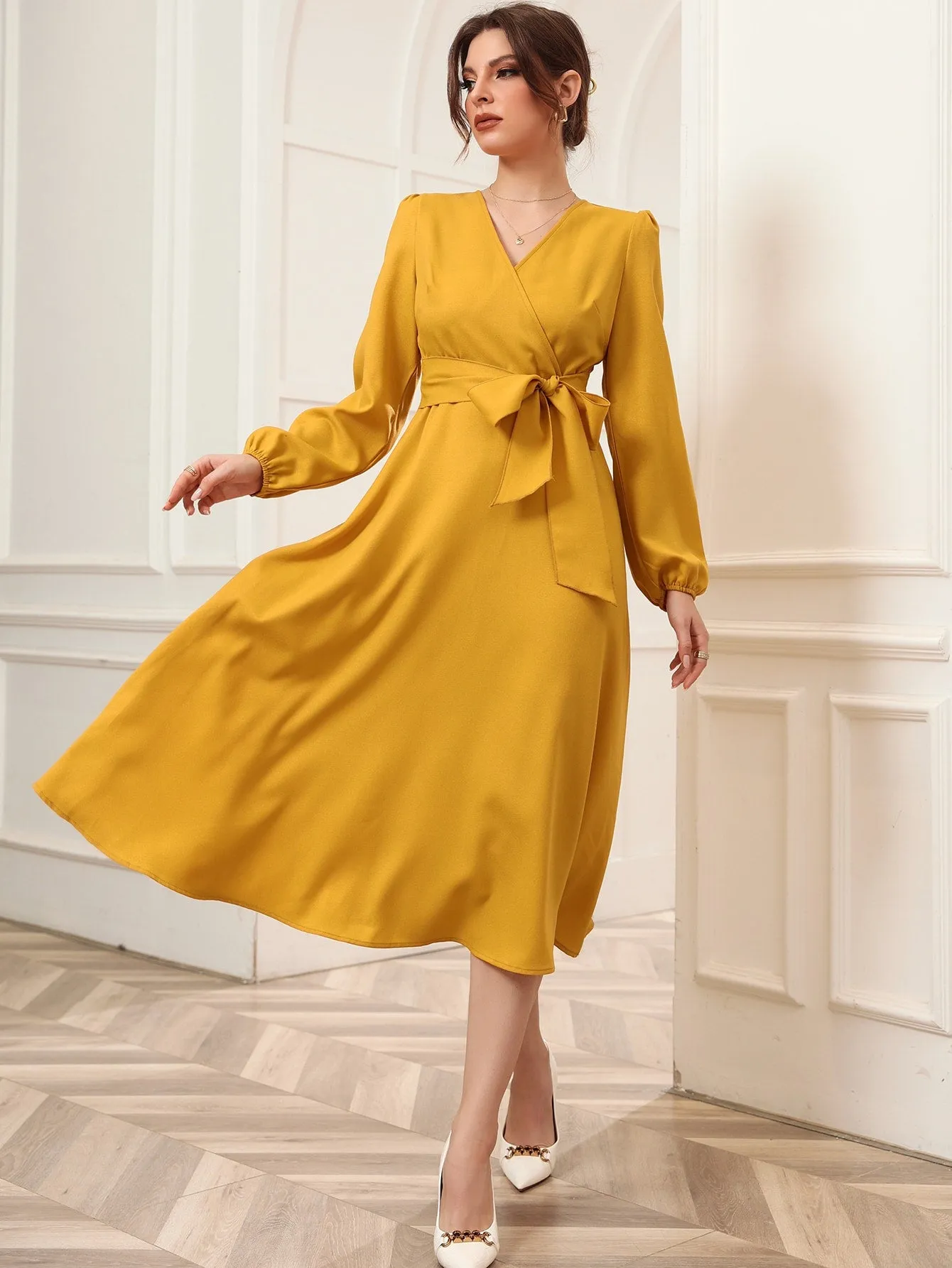 Surplice Neck Bishop Sleeve Belted Dress