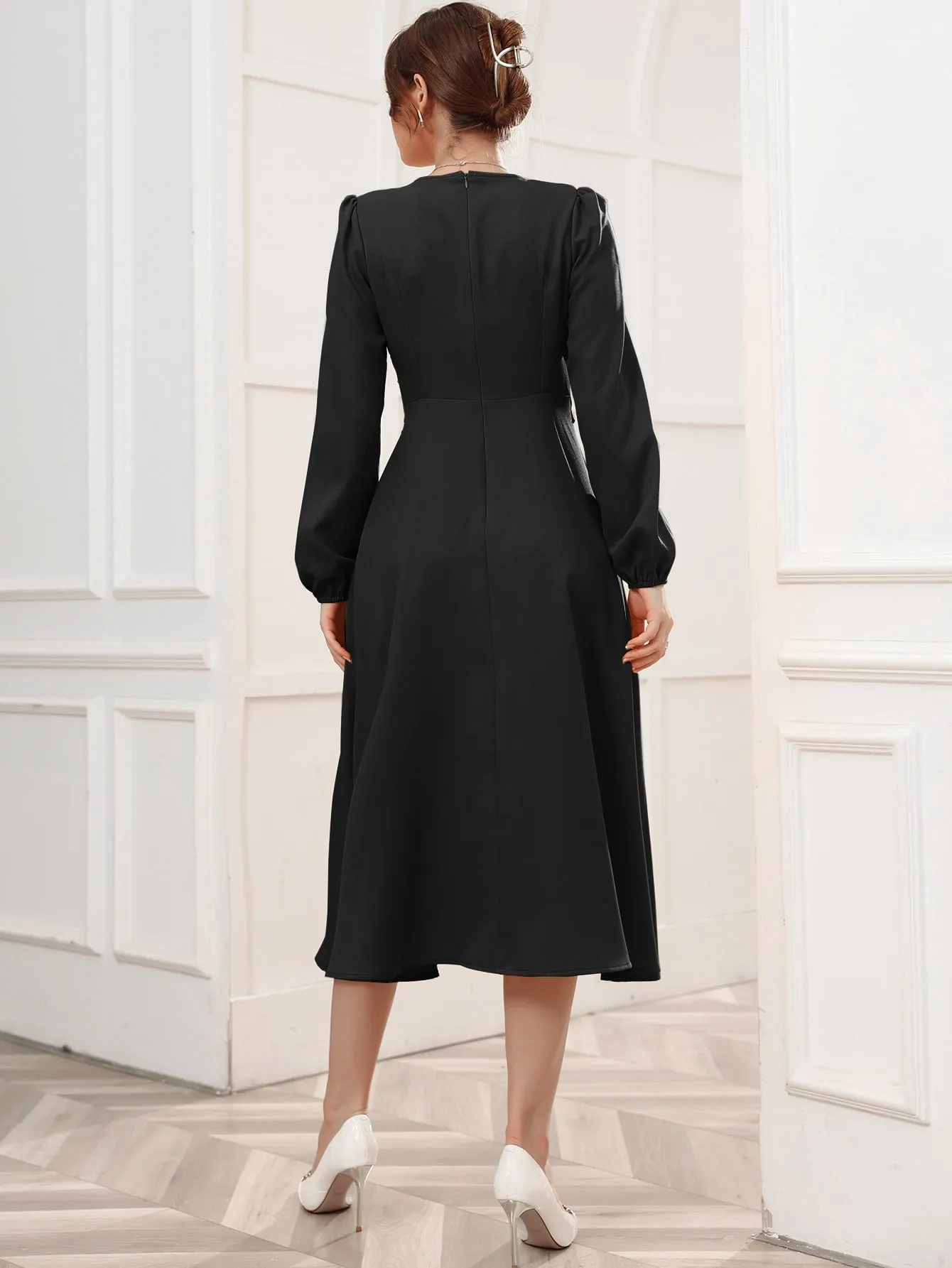 Surplice Neck Bishop Sleeve Belted Dress