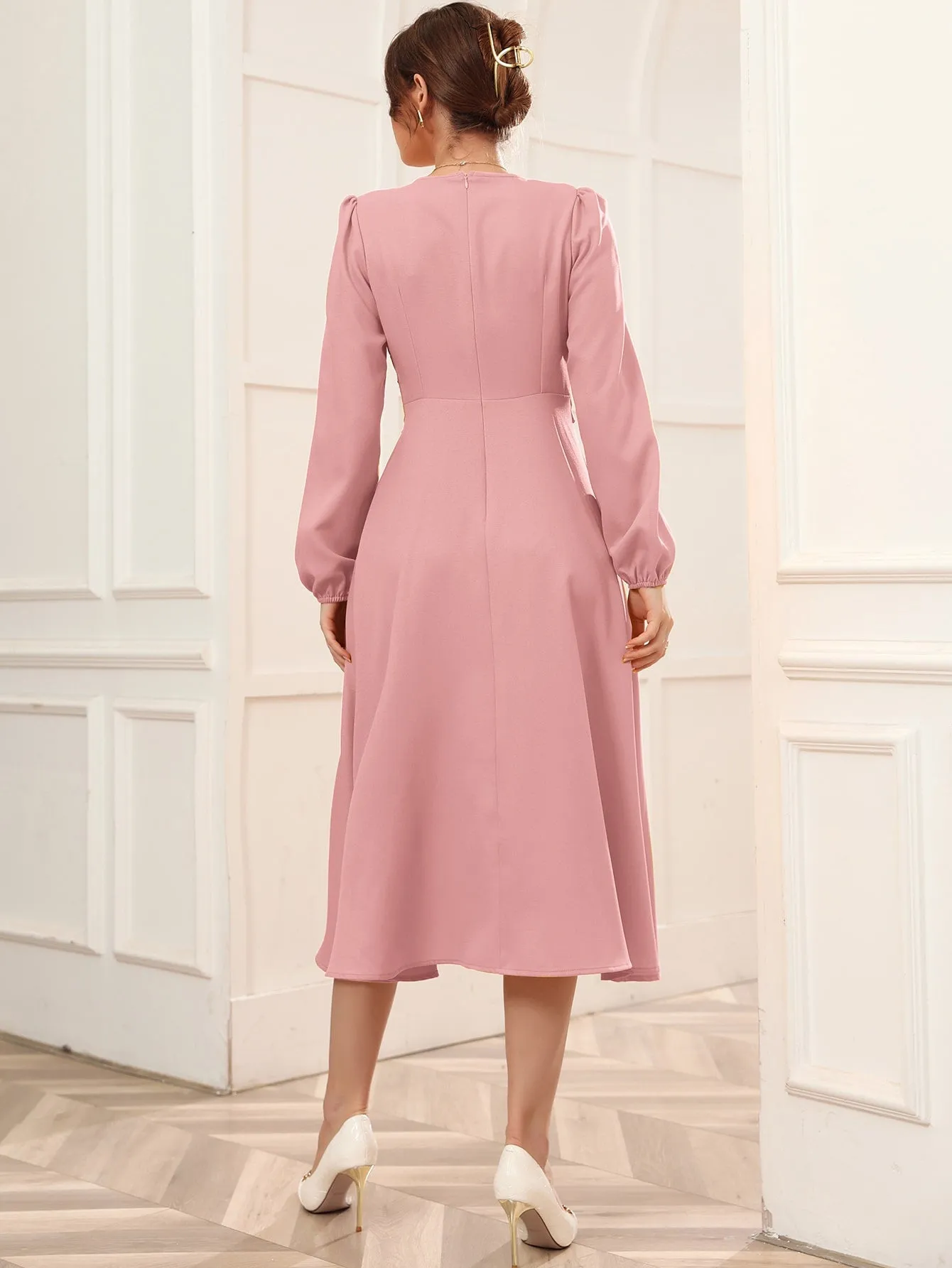 Surplice Neck Bishop Sleeve Belted Dress