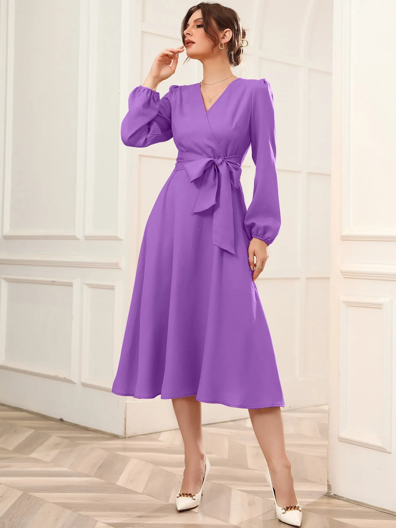 Surplice Neck Bishop Sleeve Belted Dress