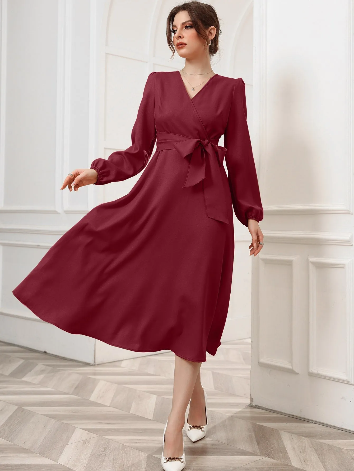 Surplice Neck Bishop Sleeve Belted Dress