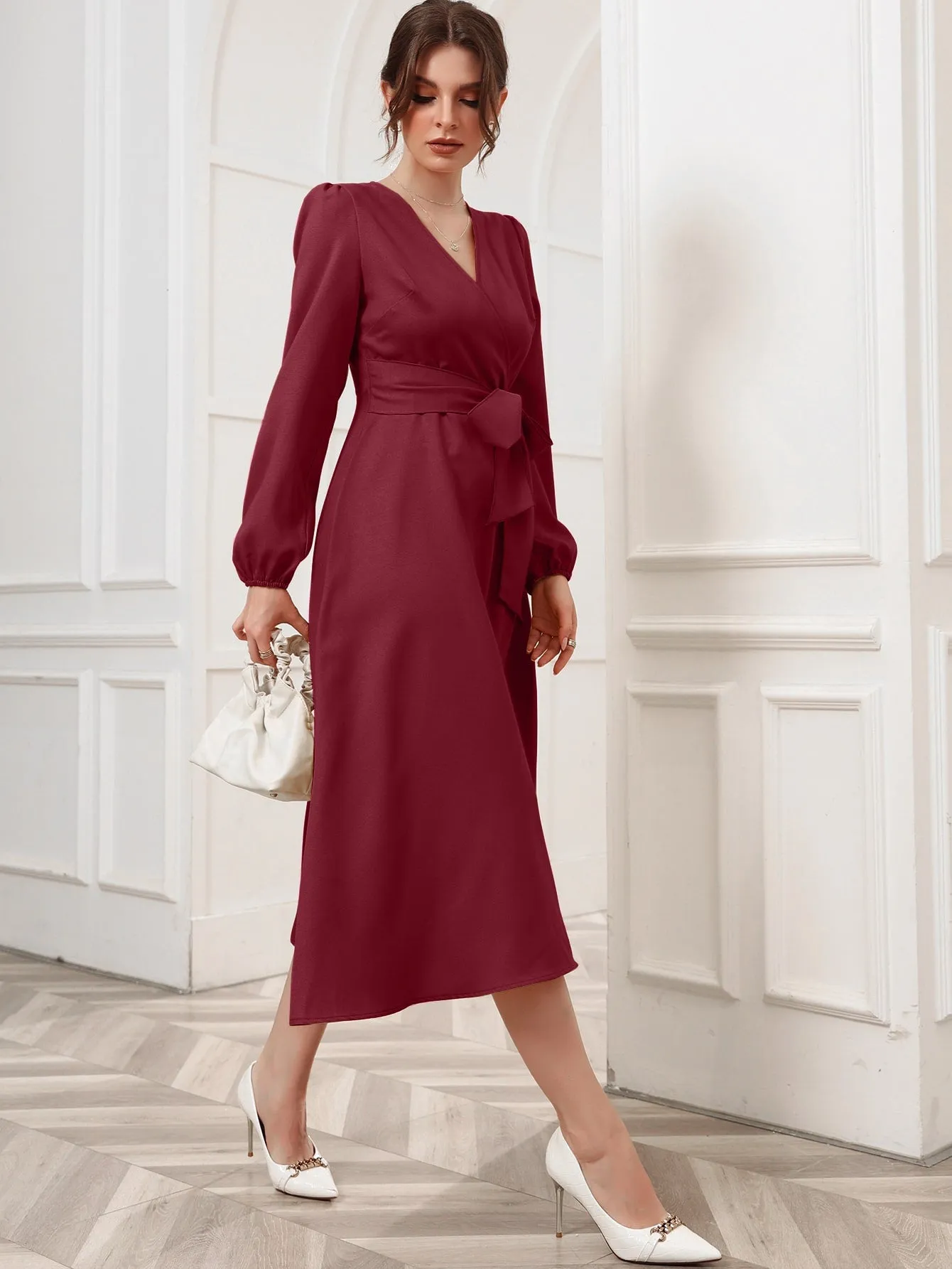 Surplice Neck Bishop Sleeve Belted Dress