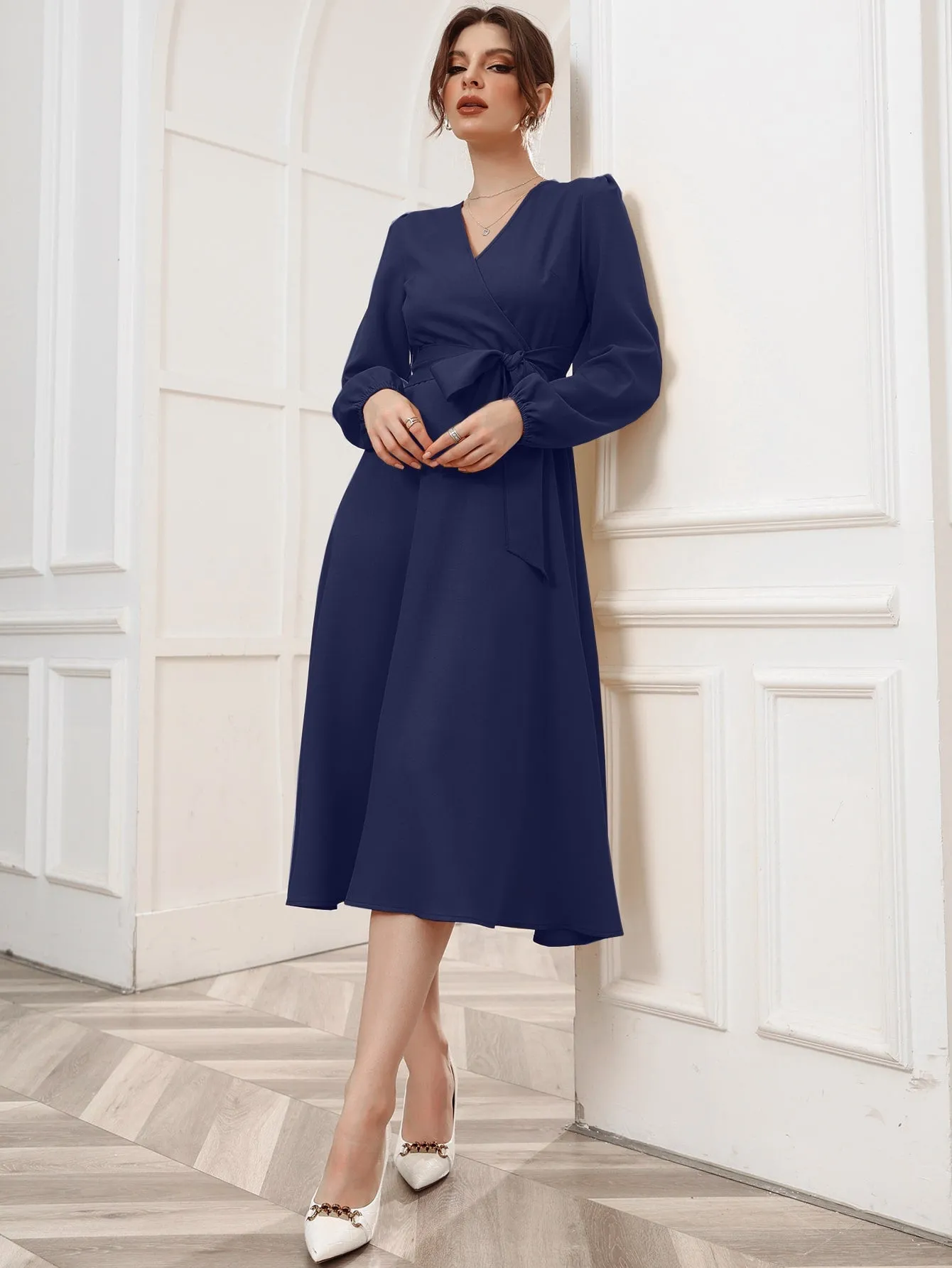 Surplice Neck Bishop Sleeve Belted Dress