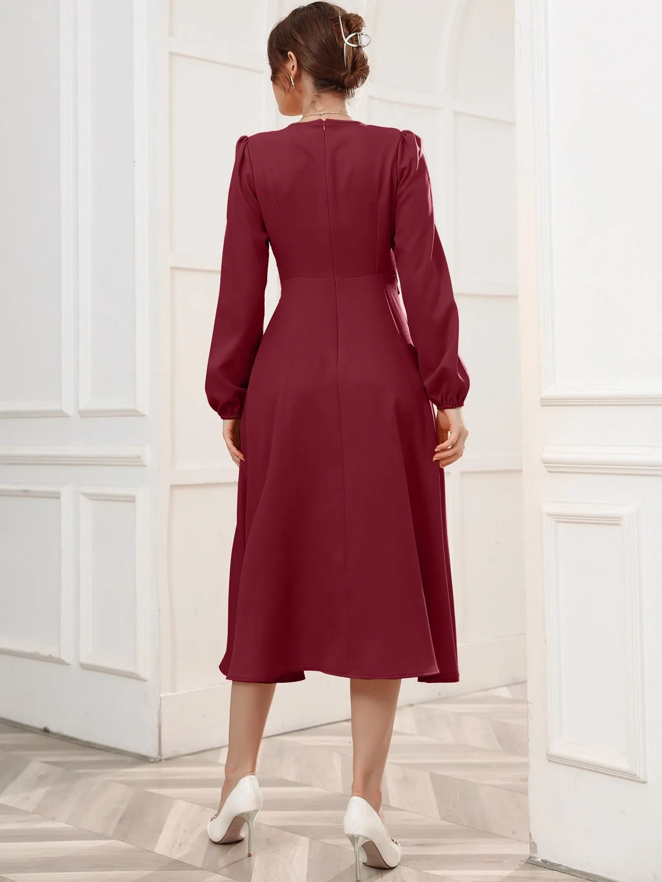 Surplice Neck Bishop Sleeve Belted Dress