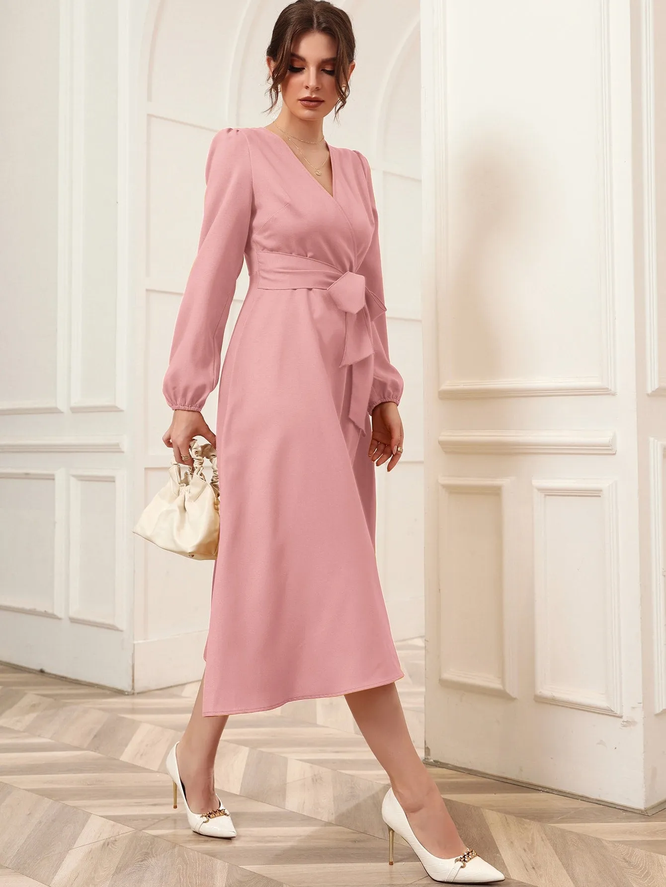 Surplice Neck Bishop Sleeve Belted Dress