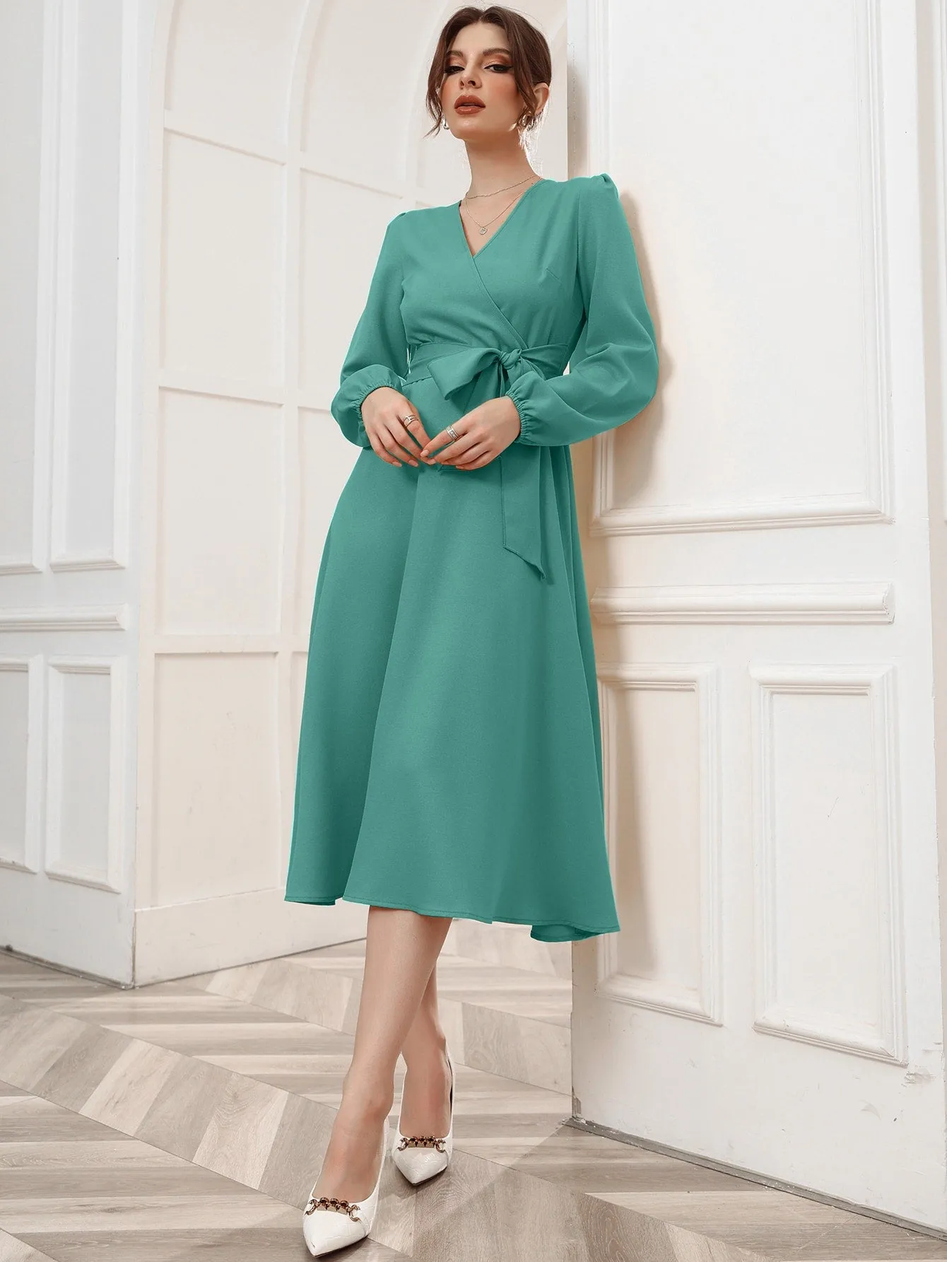 Surplice Neck Bishop Sleeve Belted Dress