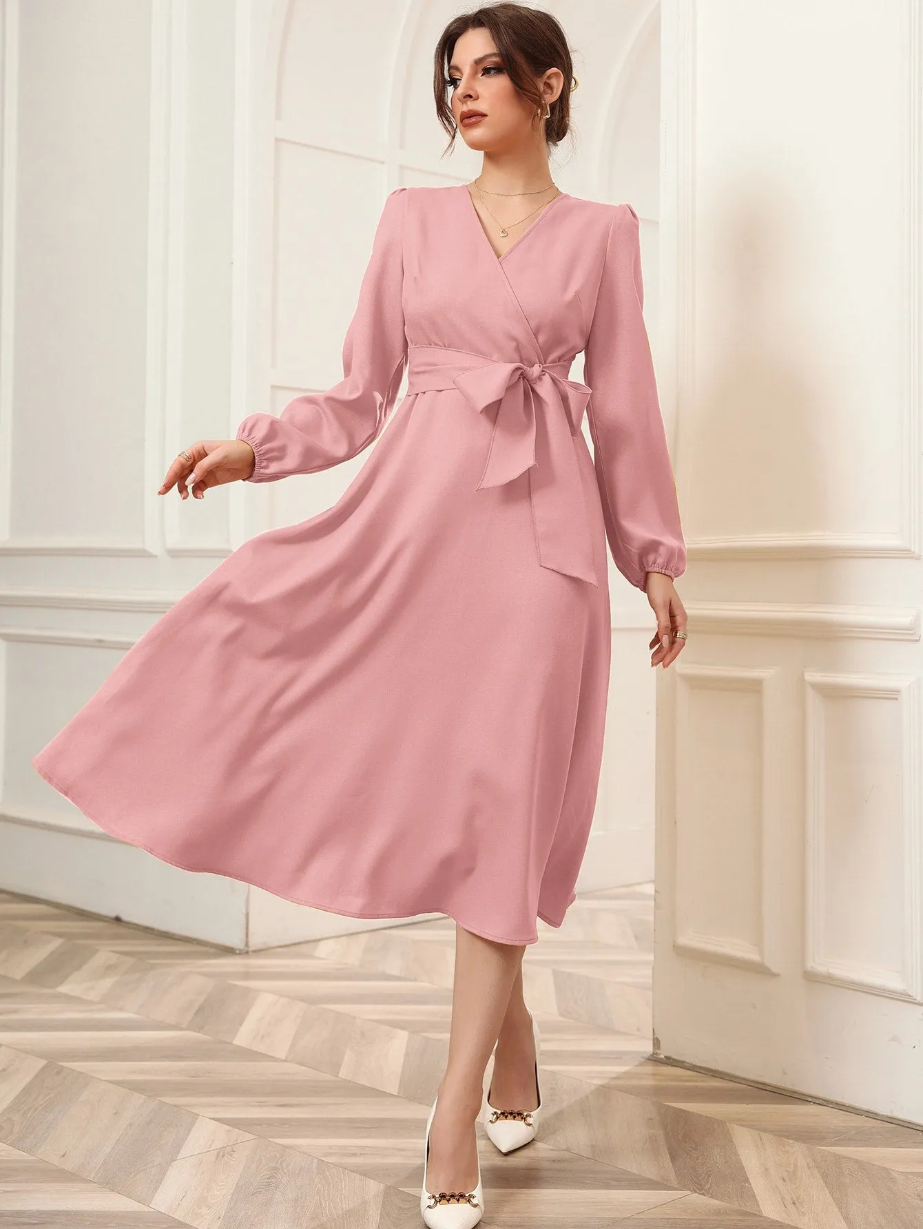 Surplice Neck Bishop Sleeve Belted Dress