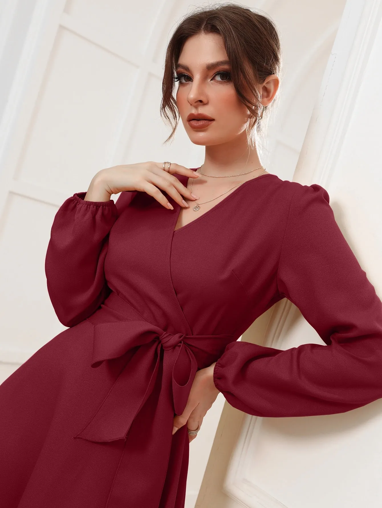 Surplice Neck Bishop Sleeve Belted Dress