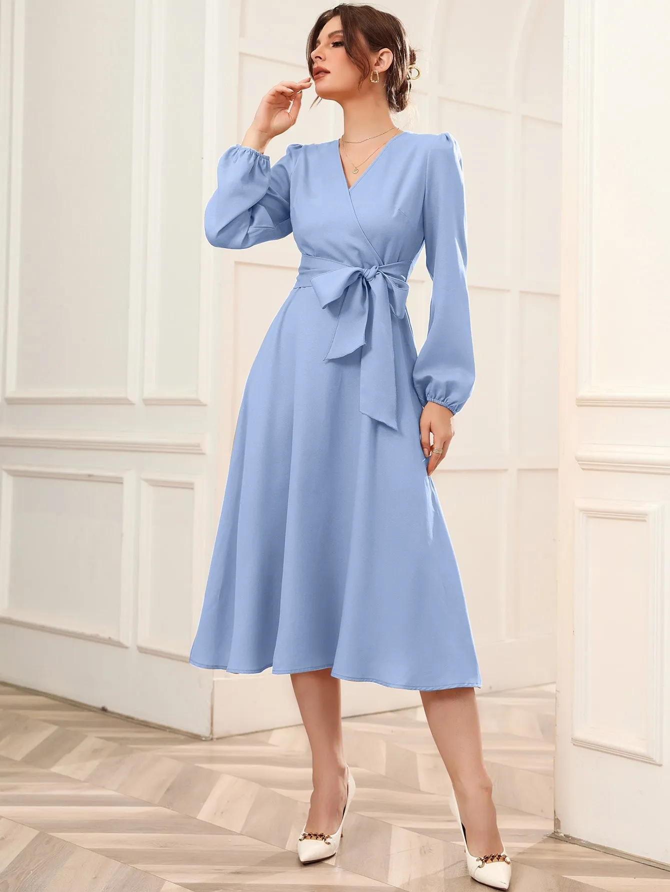 Surplice Neck Bishop Sleeve Belted Dress