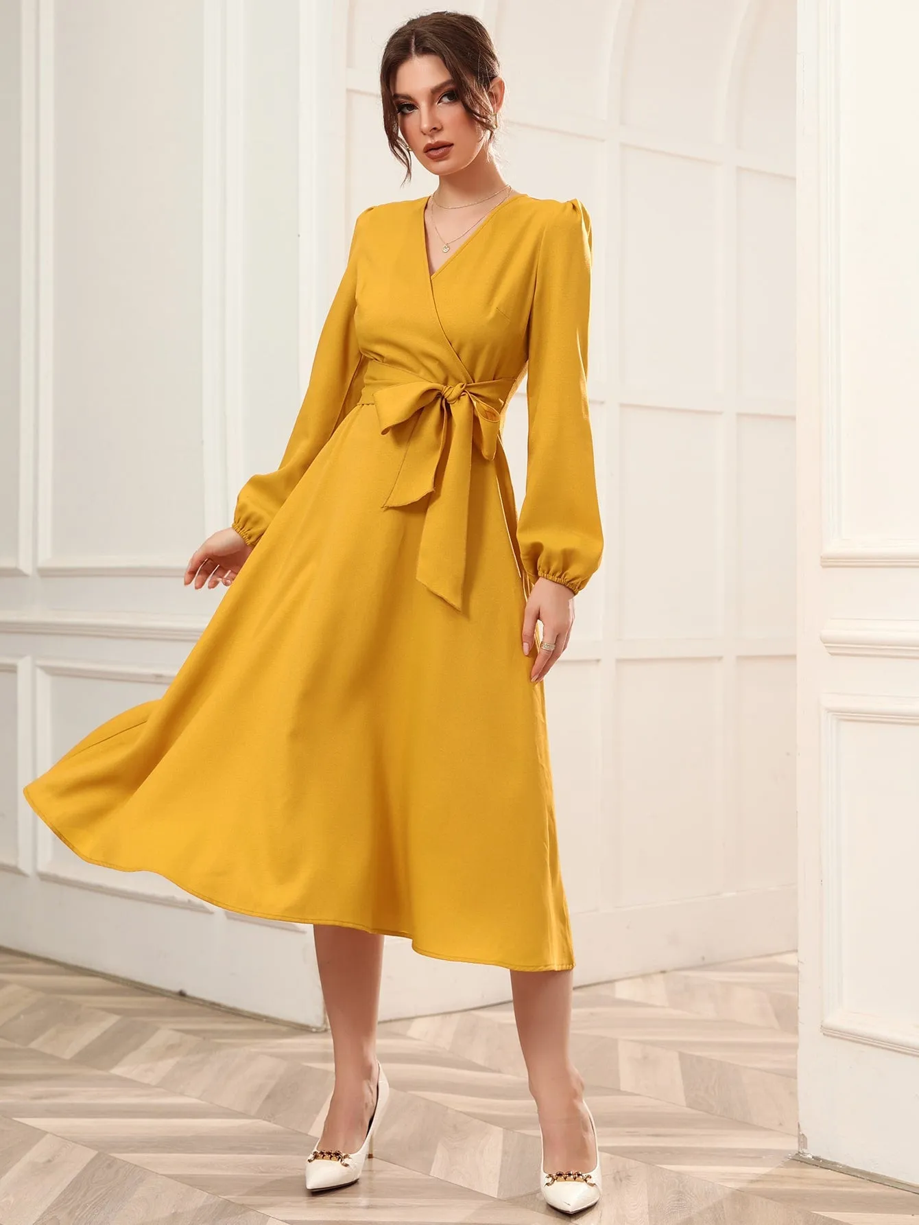 Surplice Neck Bishop Sleeve Belted Dress