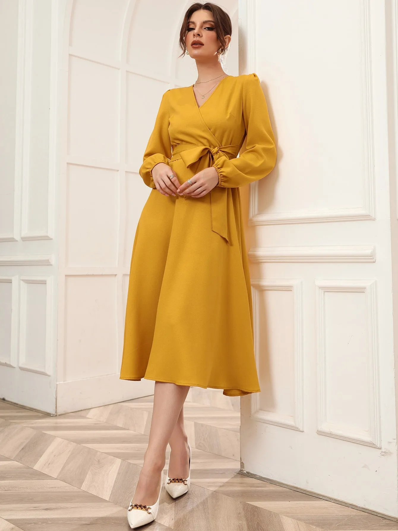 Surplice Neck Bishop Sleeve Belted Dress