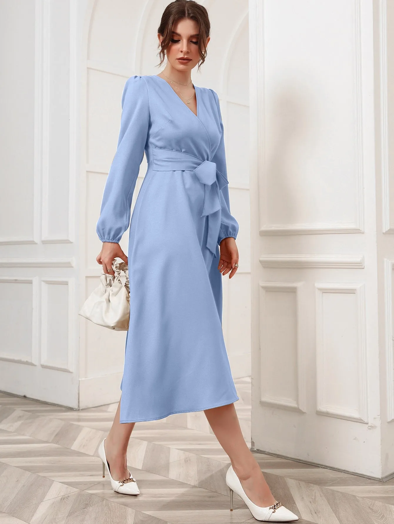 Surplice Neck Bishop Sleeve Belted Dress