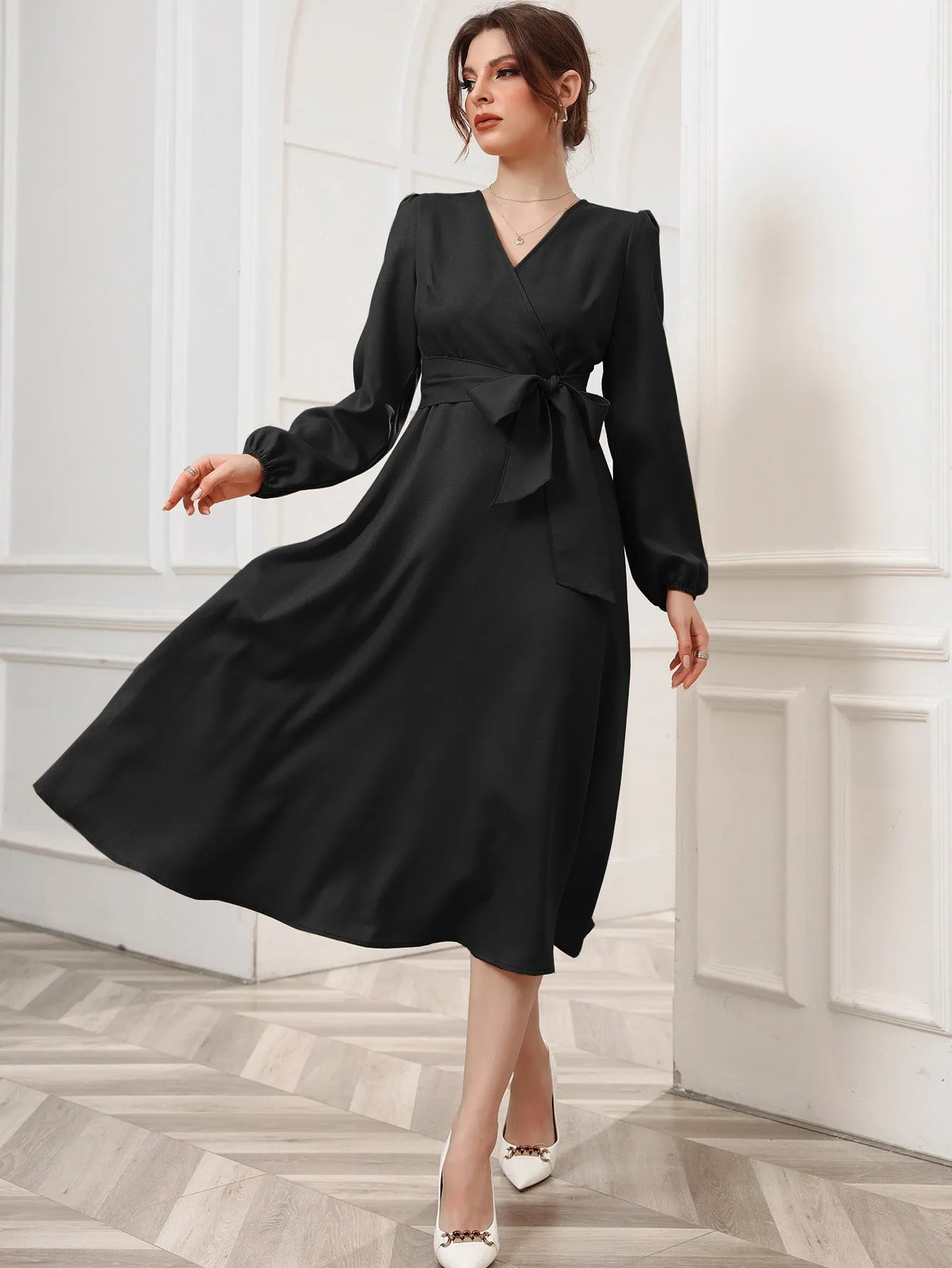 Surplice Neck Bishop Sleeve Belted Dress