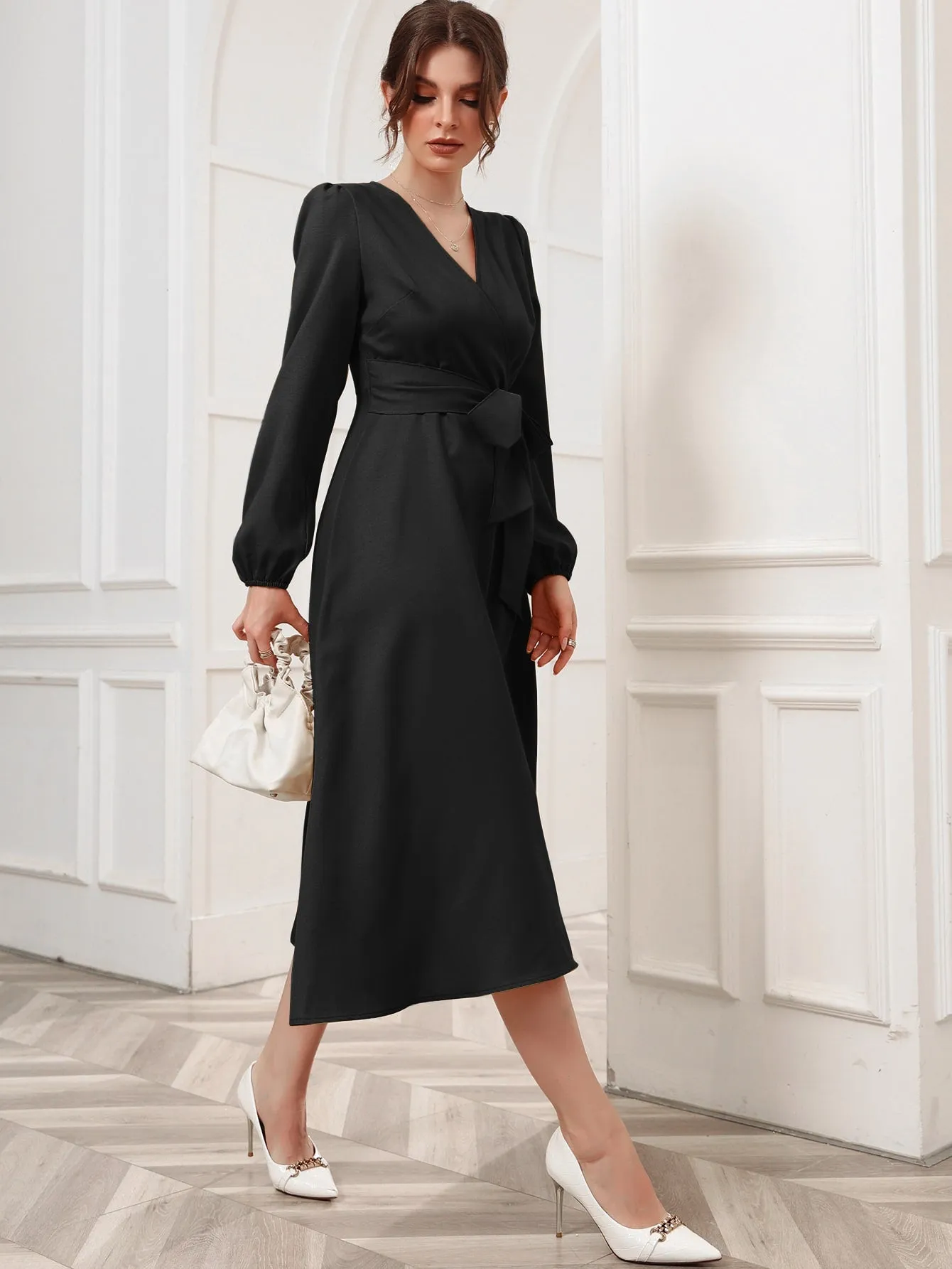 Surplice Neck Bishop Sleeve Belted Dress