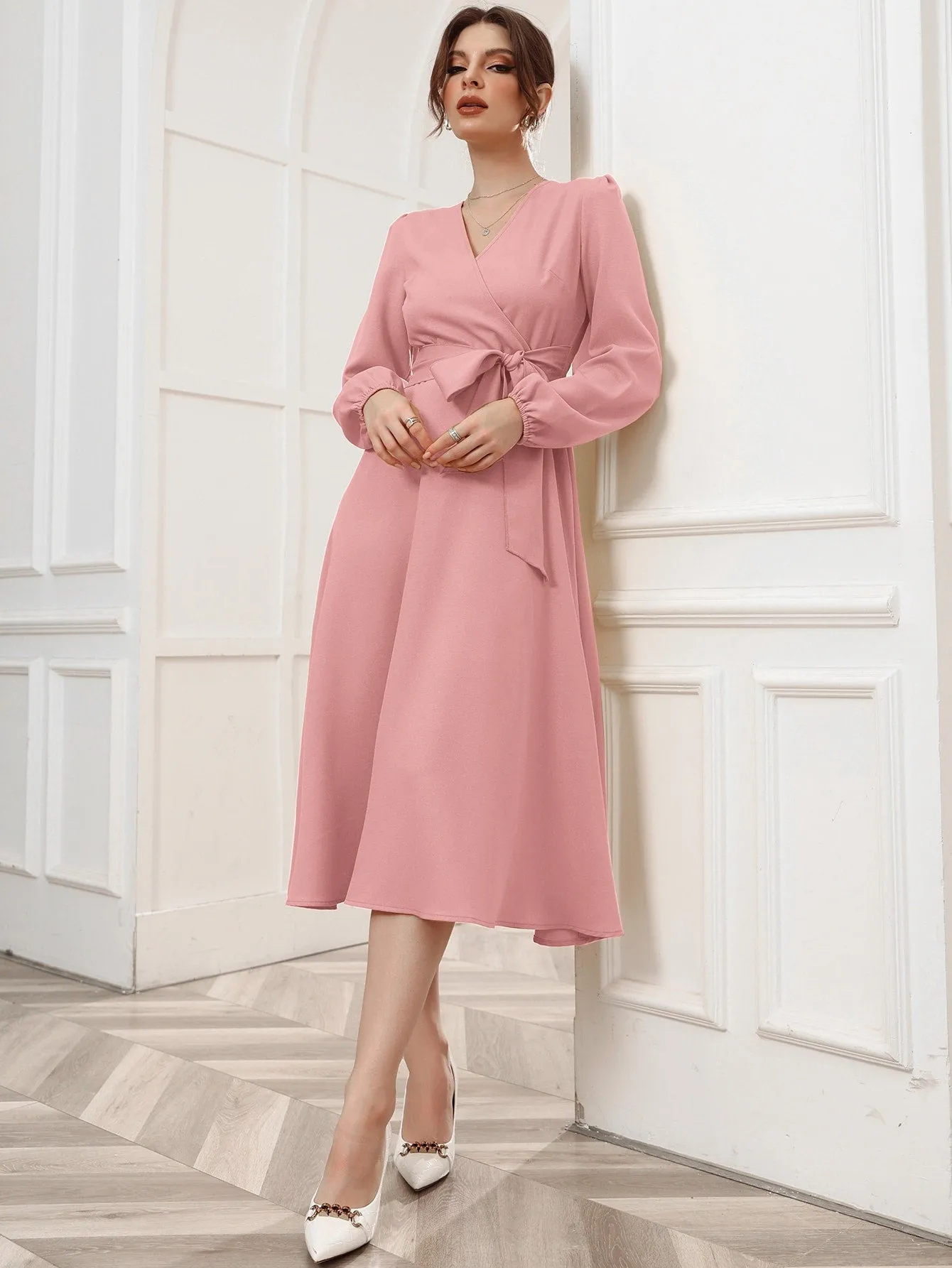 Surplice Neck Bishop Sleeve Belted Dress
