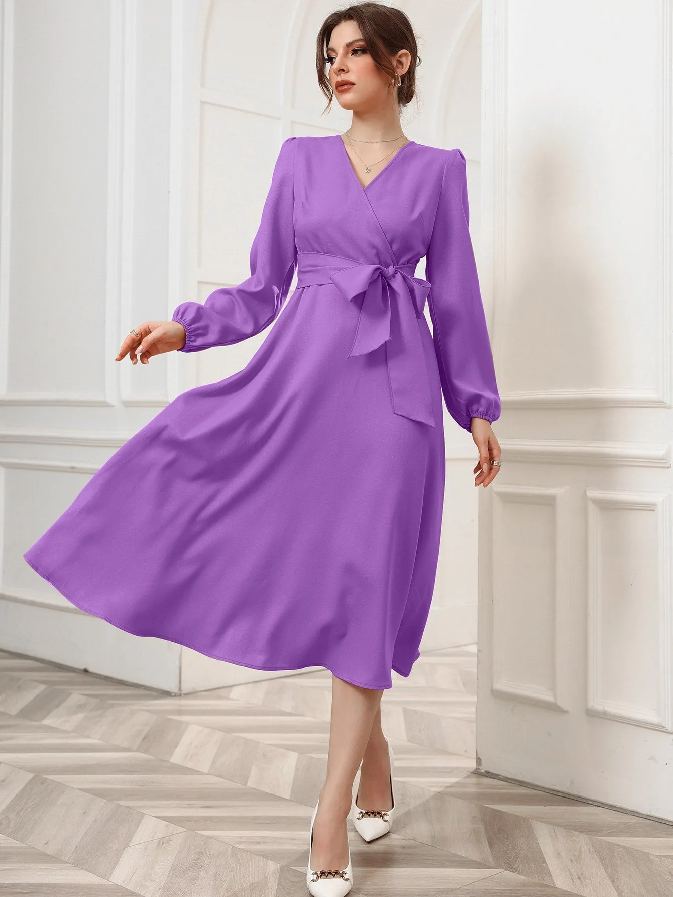 Surplice Neck Bishop Sleeve Belted Dress