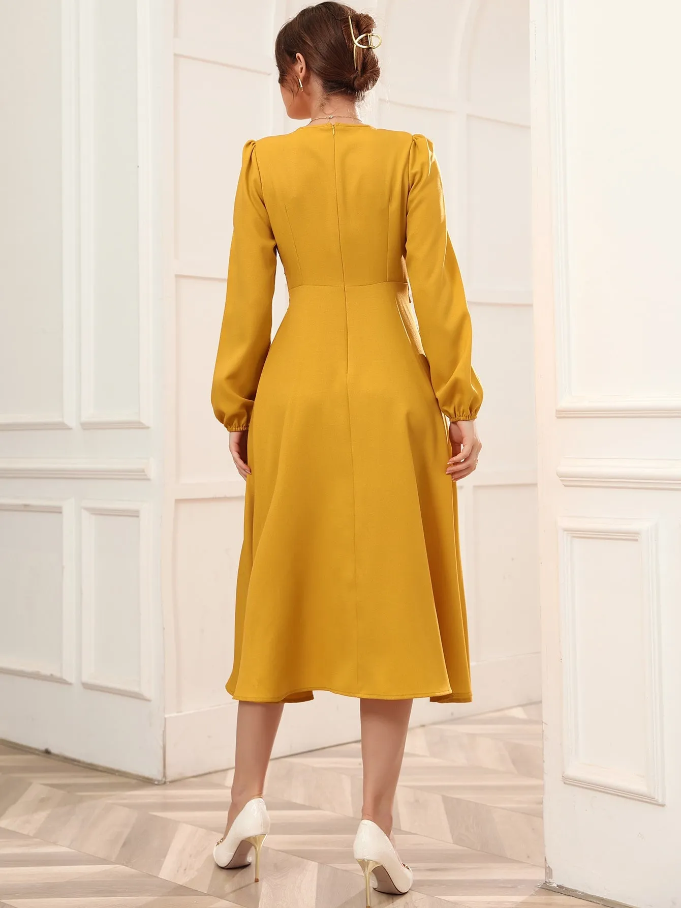 Surplice Neck Bishop Sleeve Belted Dress
