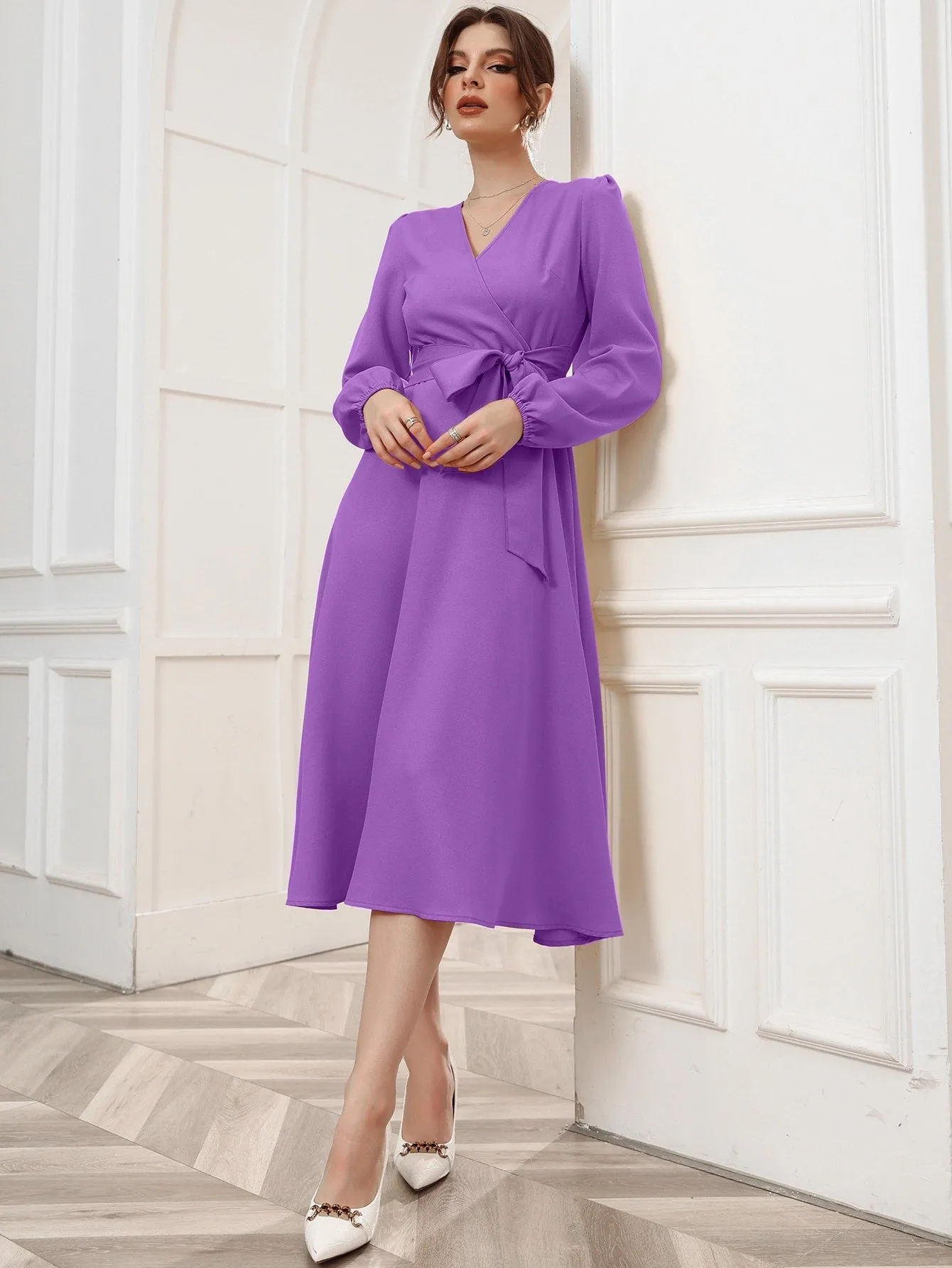 Surplice Neck Bishop Sleeve Belted Dress