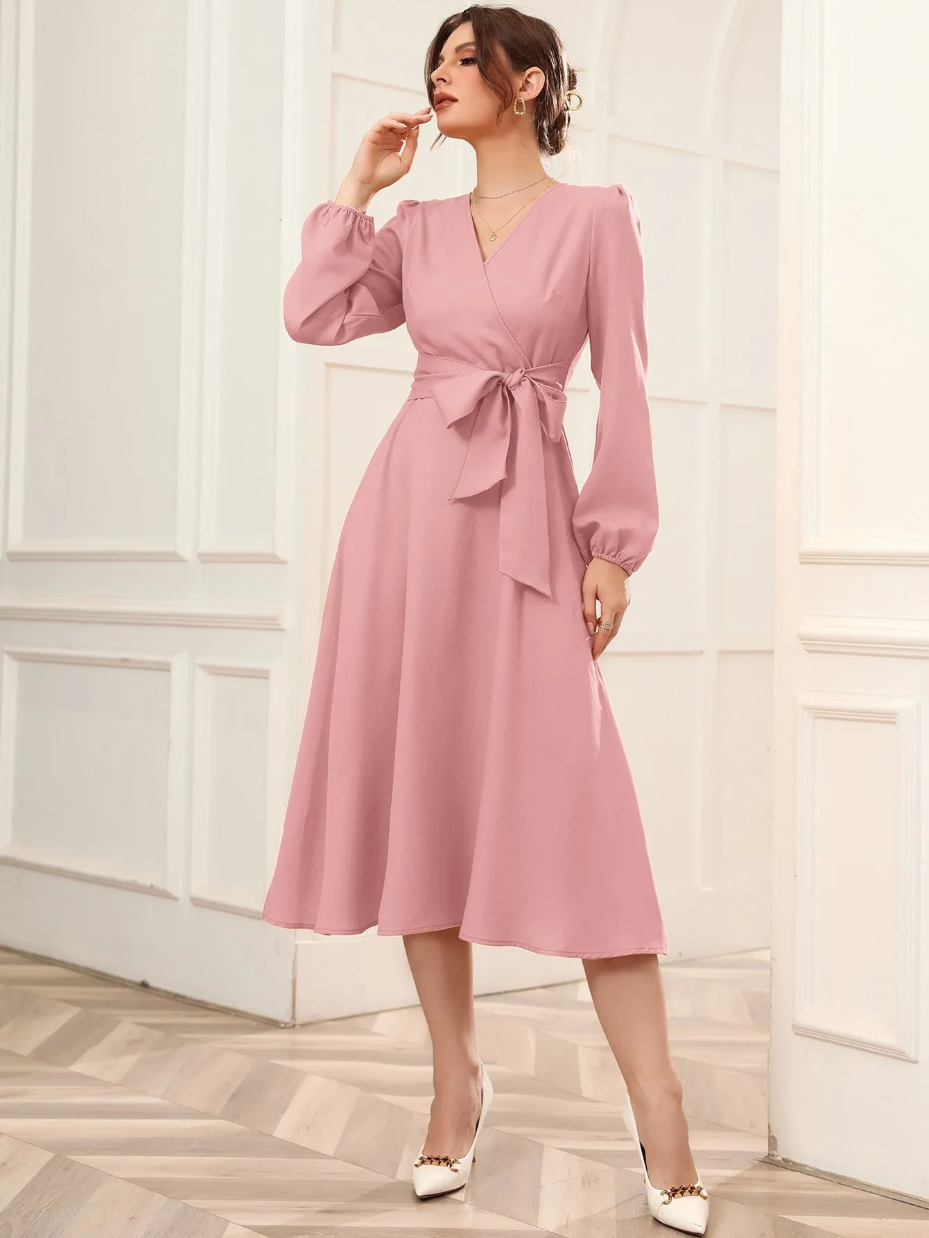 Surplice Neck Bishop Sleeve Belted Dress