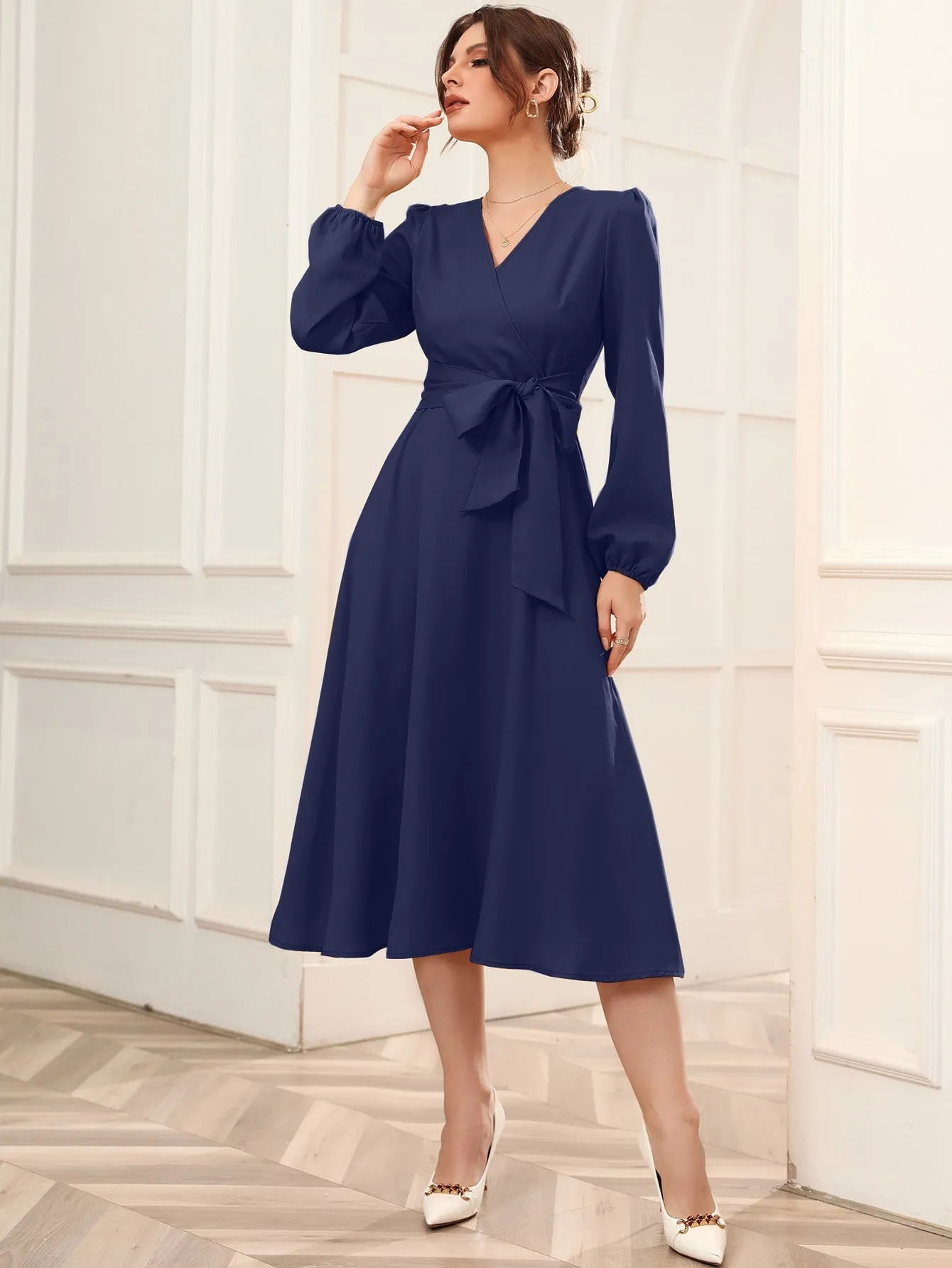 Surplice Neck Bishop Sleeve Belted Dress