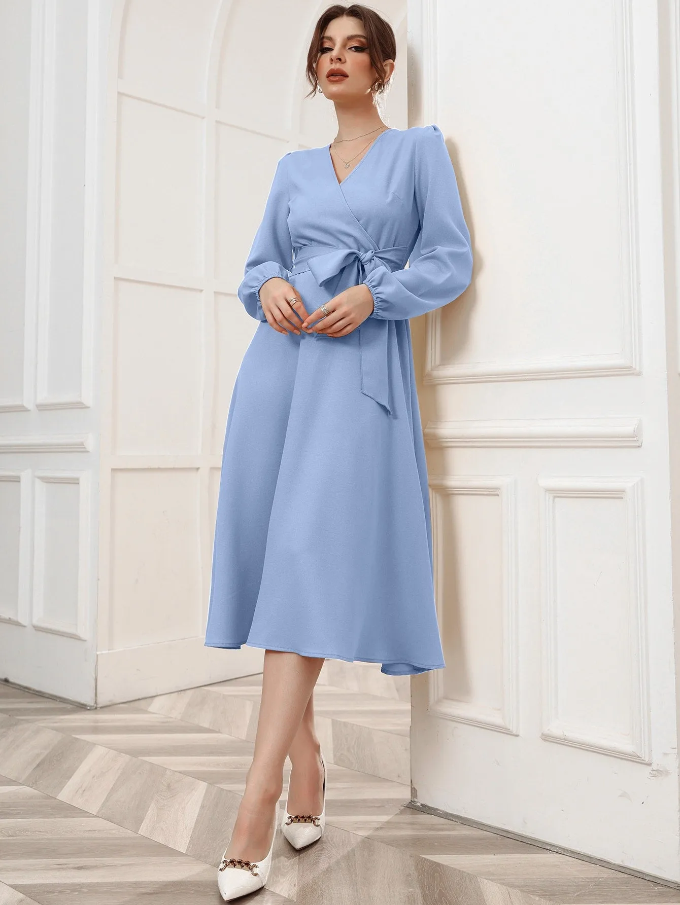 Surplice Neck Bishop Sleeve Belted Dress