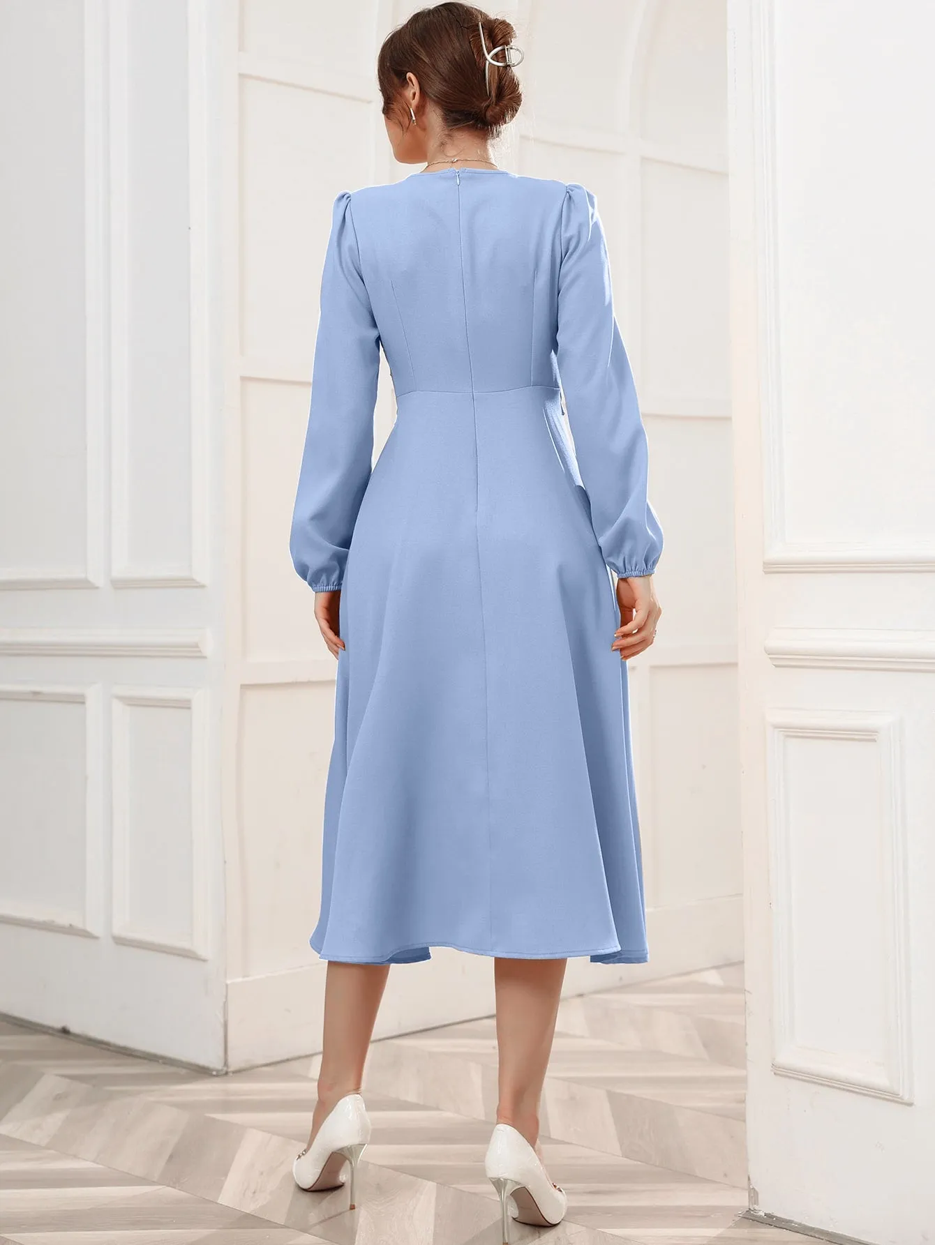 Surplice Neck Bishop Sleeve Belted Dress