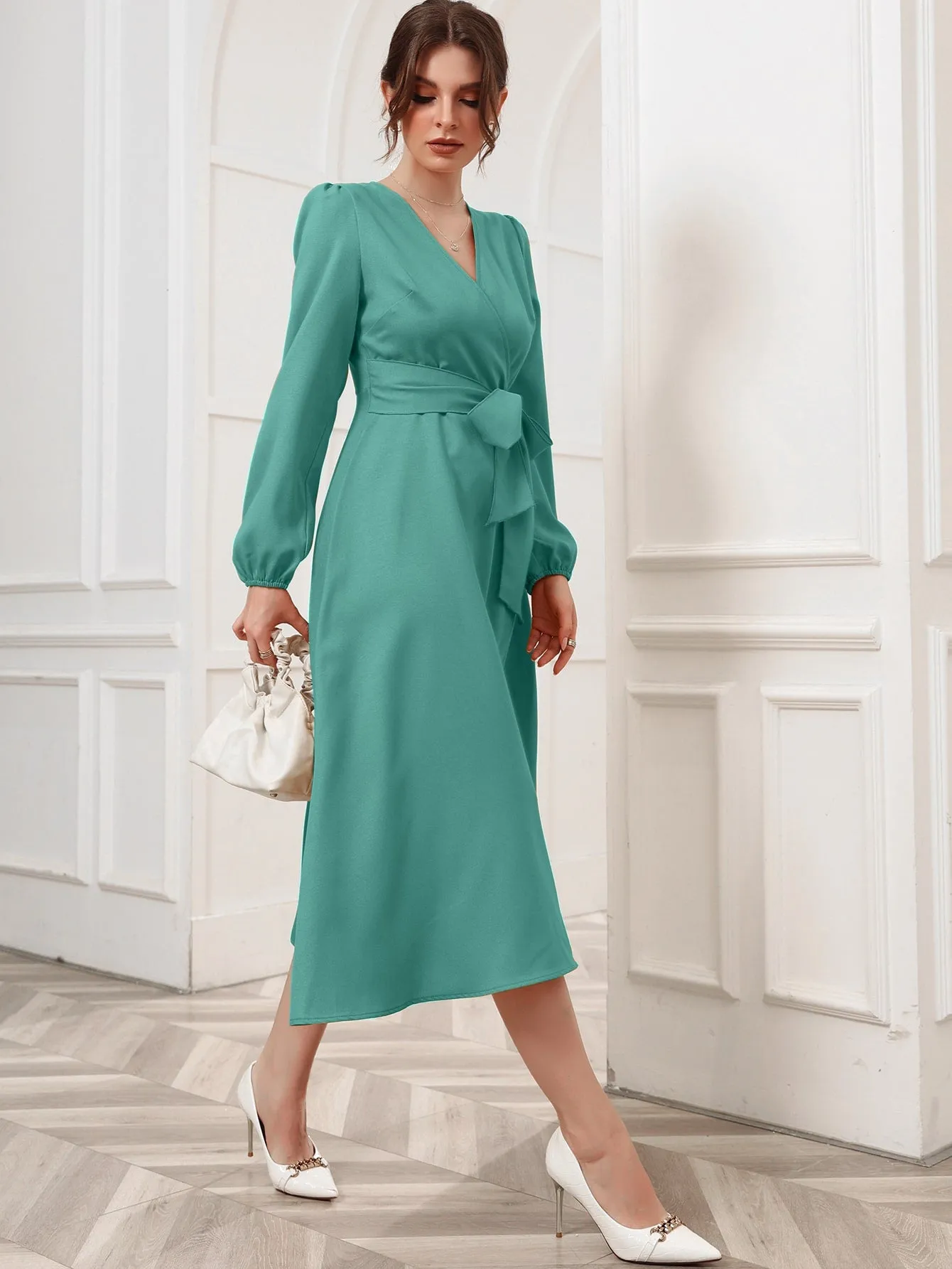 Surplice Neck Bishop Sleeve Belted Dress