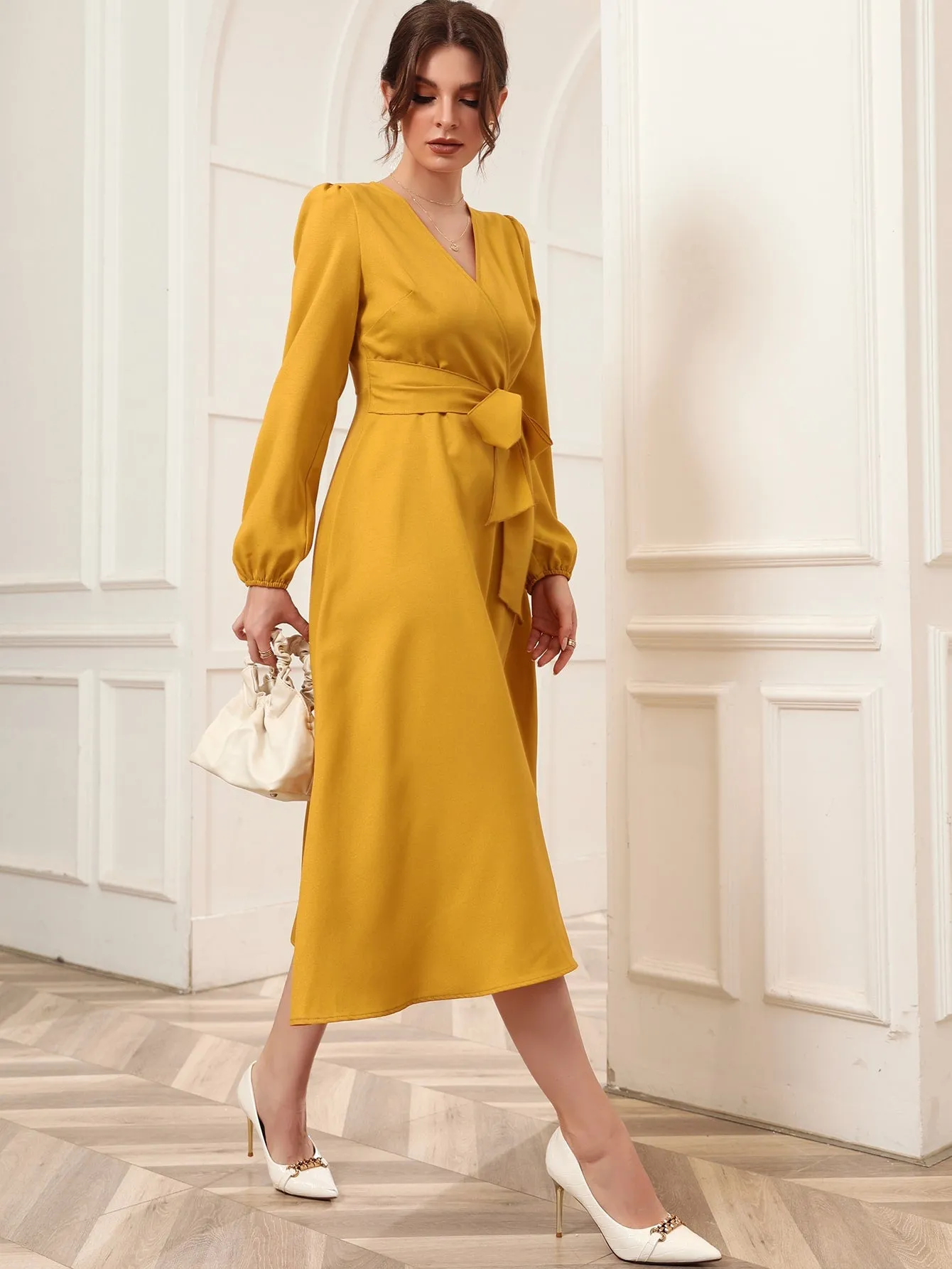 Surplice Neck Bishop Sleeve Belted Dress