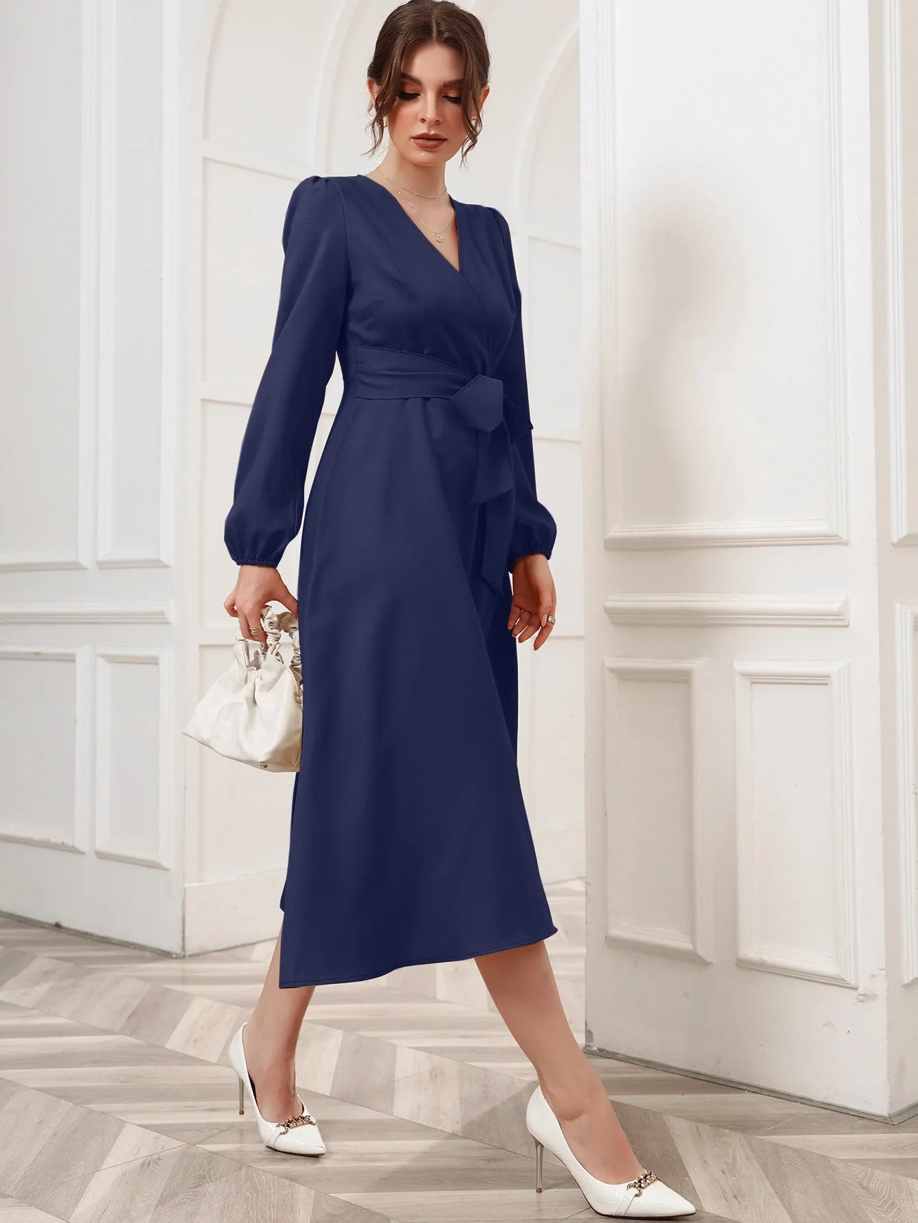Surplice Neck Bishop Sleeve Belted Dress