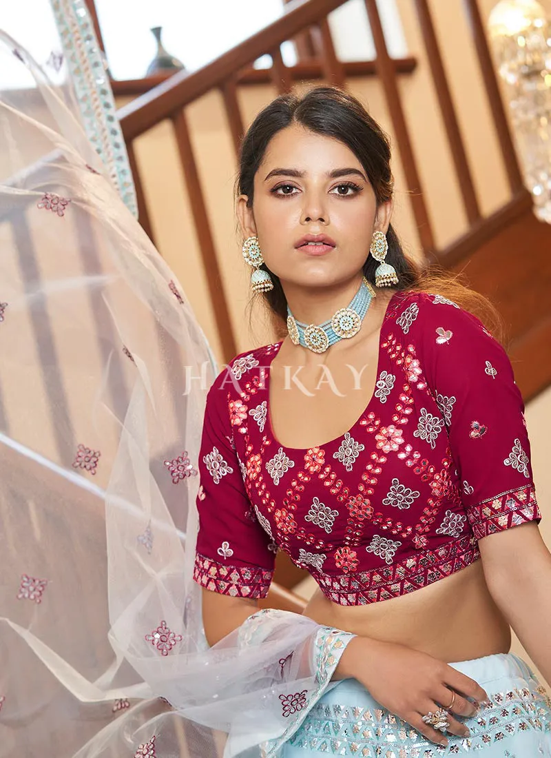 Teal Blue And Pink Embroidered Wedding Lehenga Choli