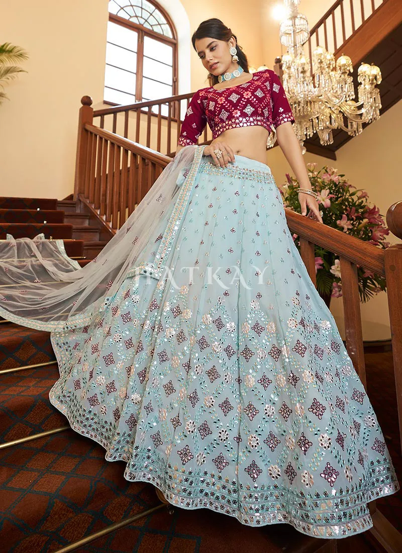 Teal Blue And Pink Embroidered Wedding Lehenga Choli