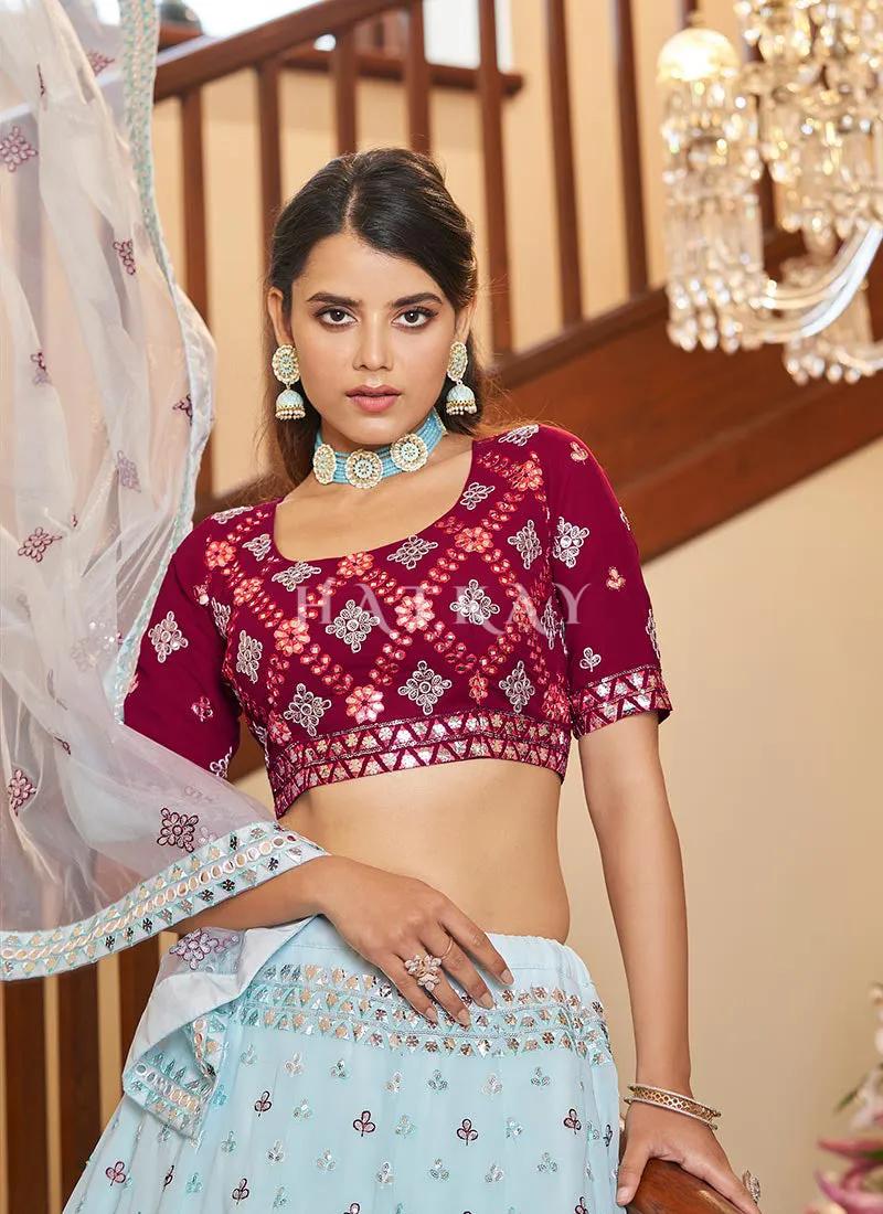Teal Blue And Pink Embroidered Wedding Lehenga Choli