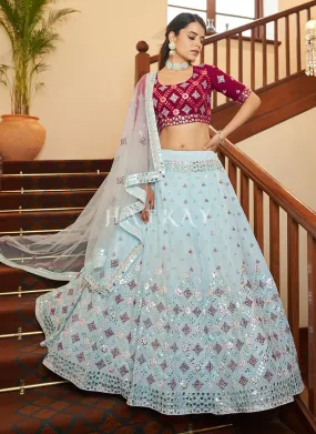 Teal Blue And Pink Embroidered Wedding Lehenga Choli