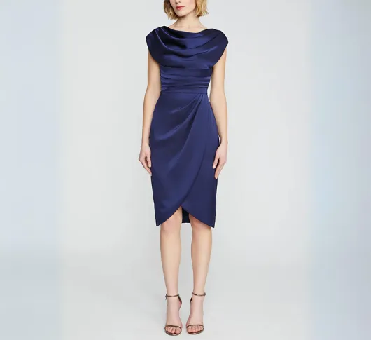 Theia - Ivy Drape Front Bateau Neck Cocktail Dress in Navy