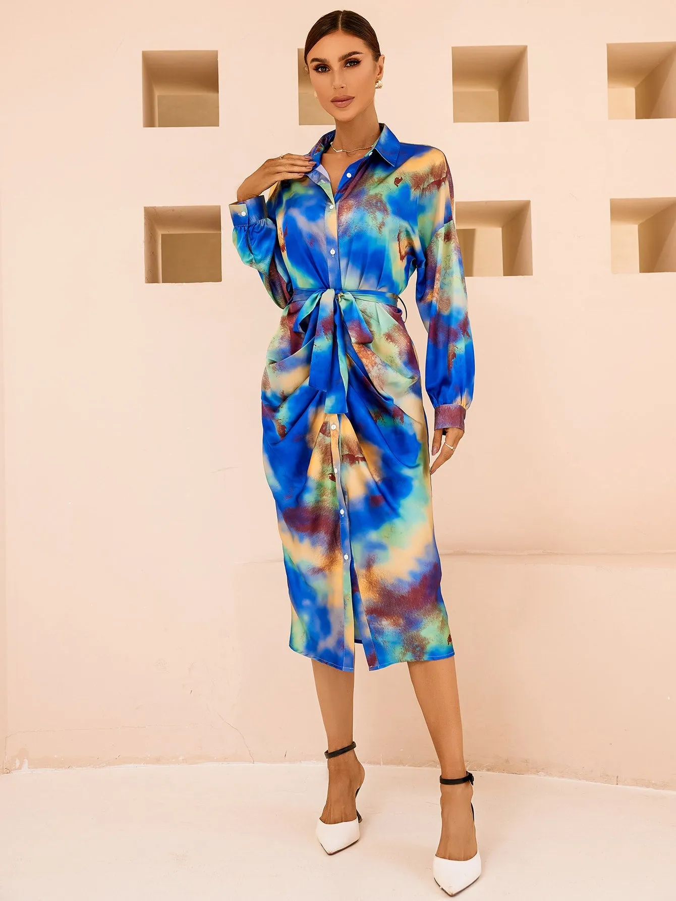 Tie Dye Lantern Sleeve Ruched Split Belted Shirt Dress