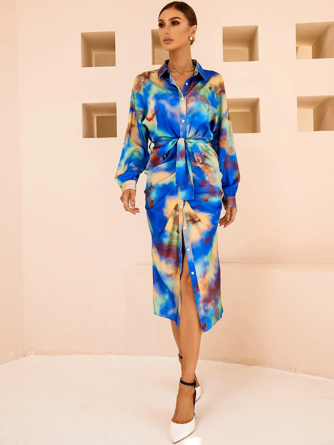 Tie Dye Lantern Sleeve Ruched Split Belted Shirt Dress
