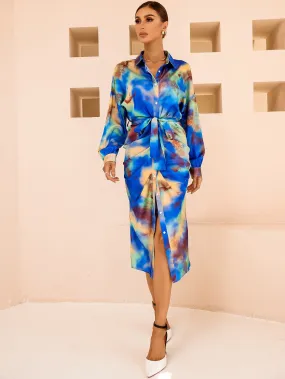 Tie Dye Lantern Sleeve Ruched Split Belted Shirt Dress