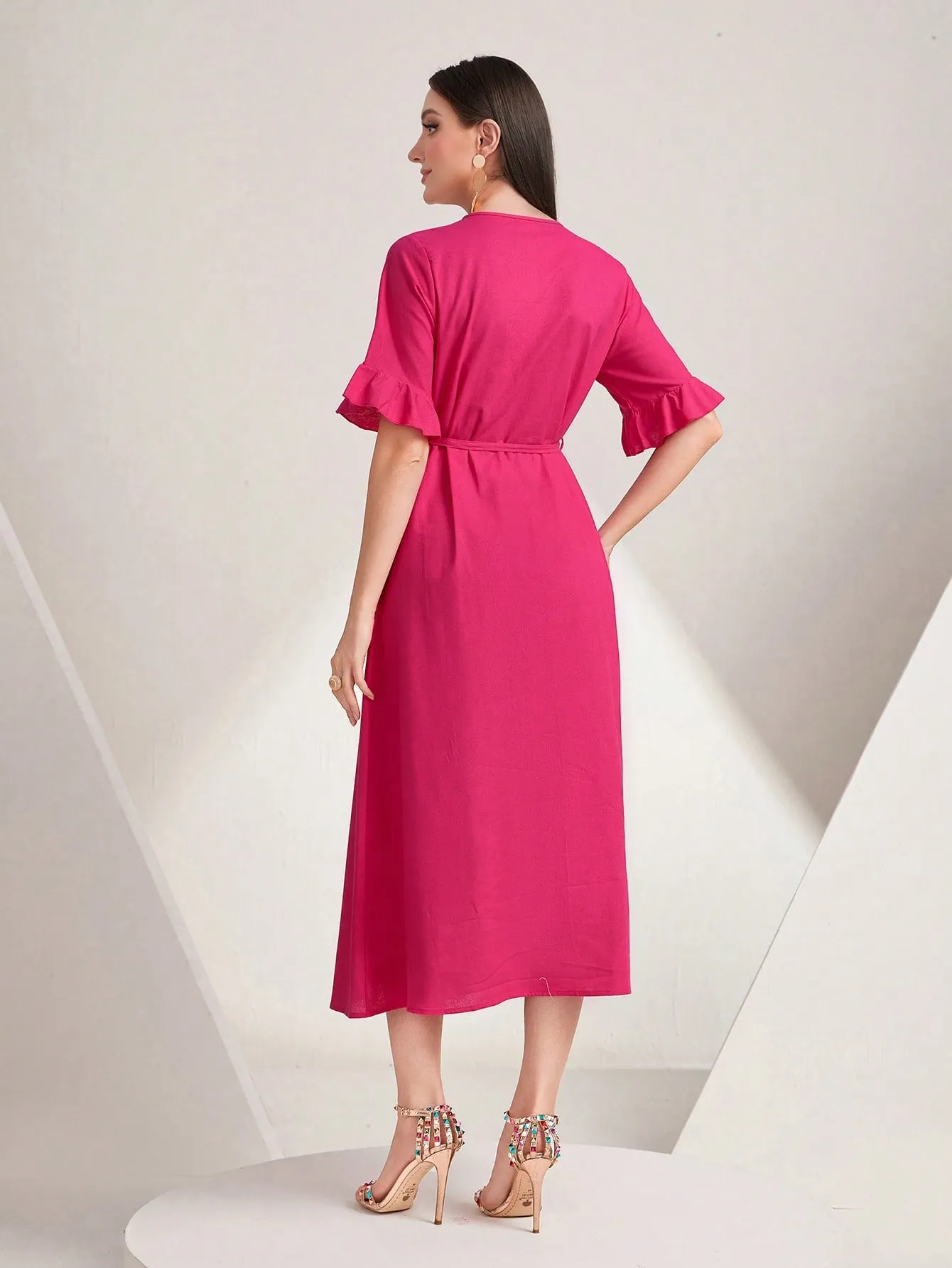 Tie Neck Flare Sleeve Belted Dress