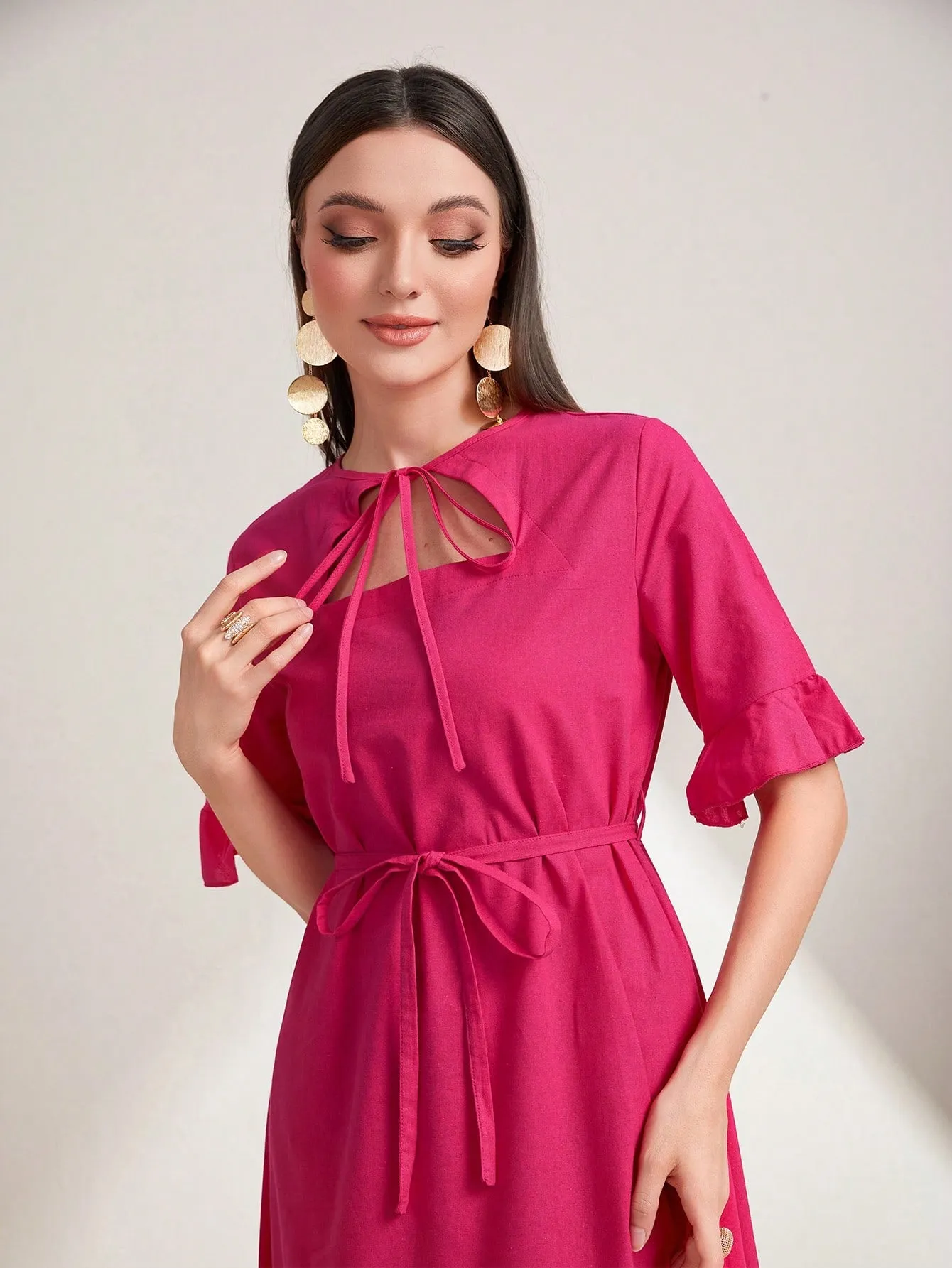 Tie Neck Flare Sleeve Belted Dress