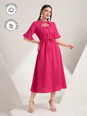 Tie Neck Flare Sleeve Belted Dress