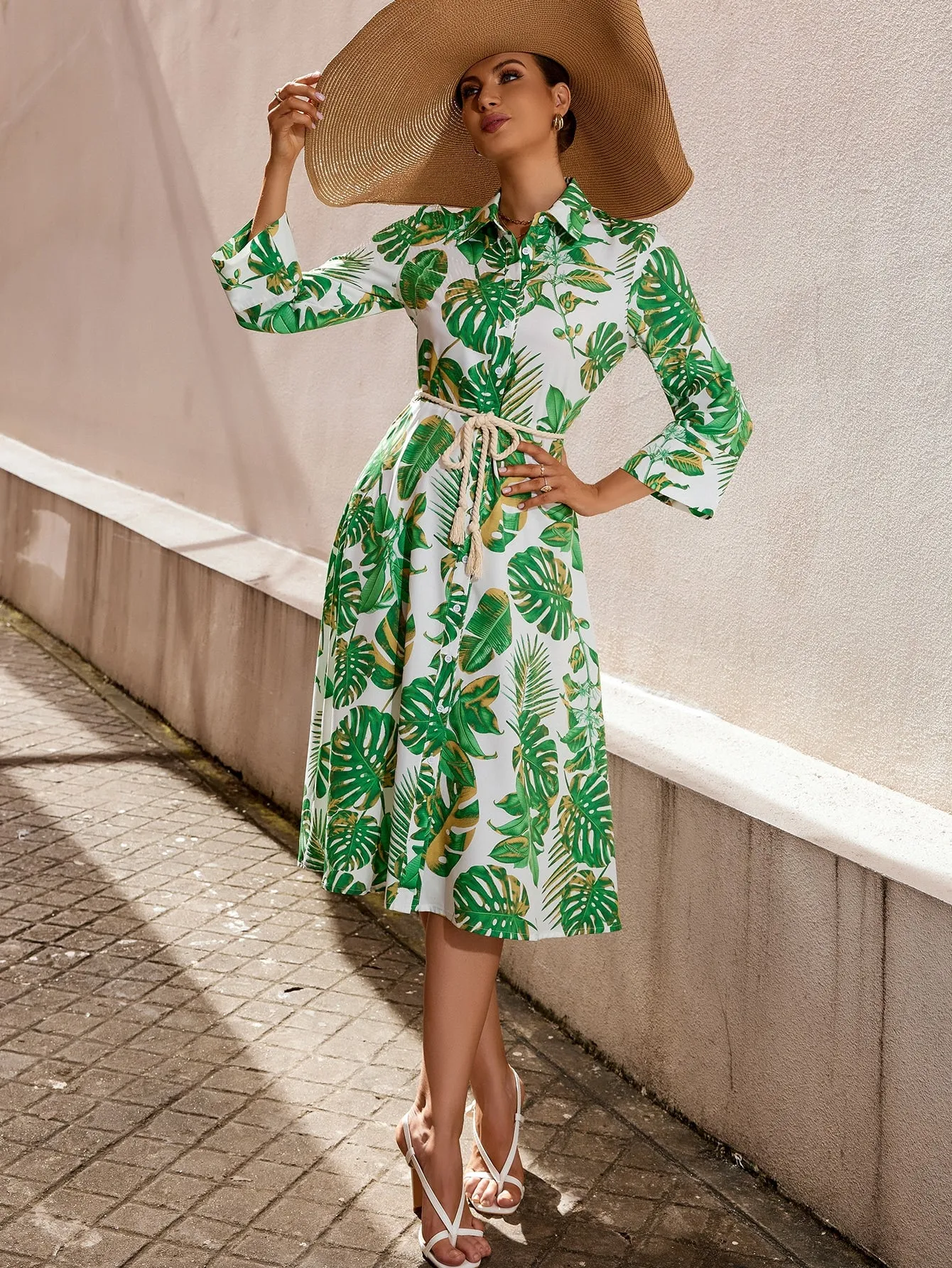 Tropical Print Belted Shirt Dress