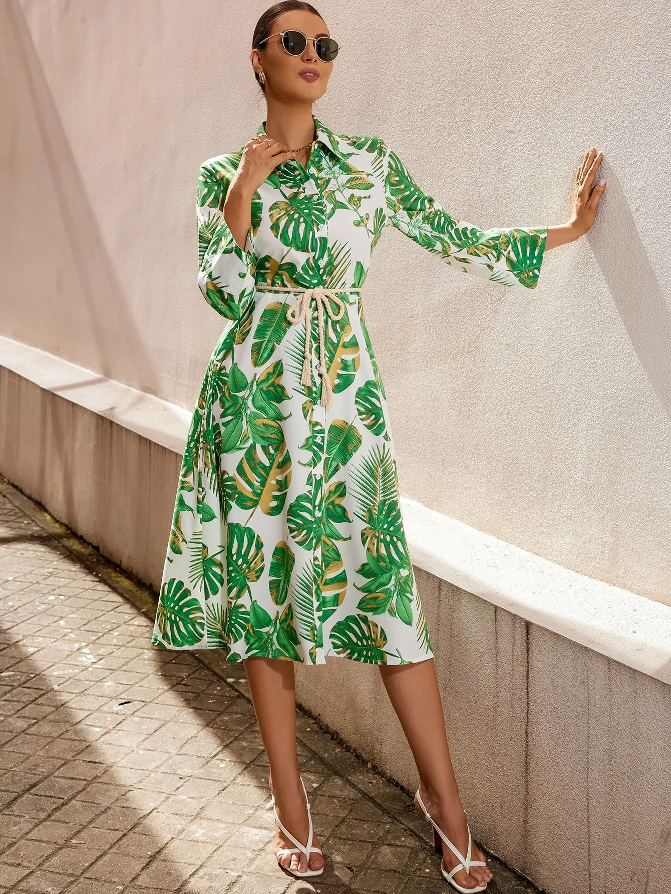 Tropical Print Belted Shirt Dress