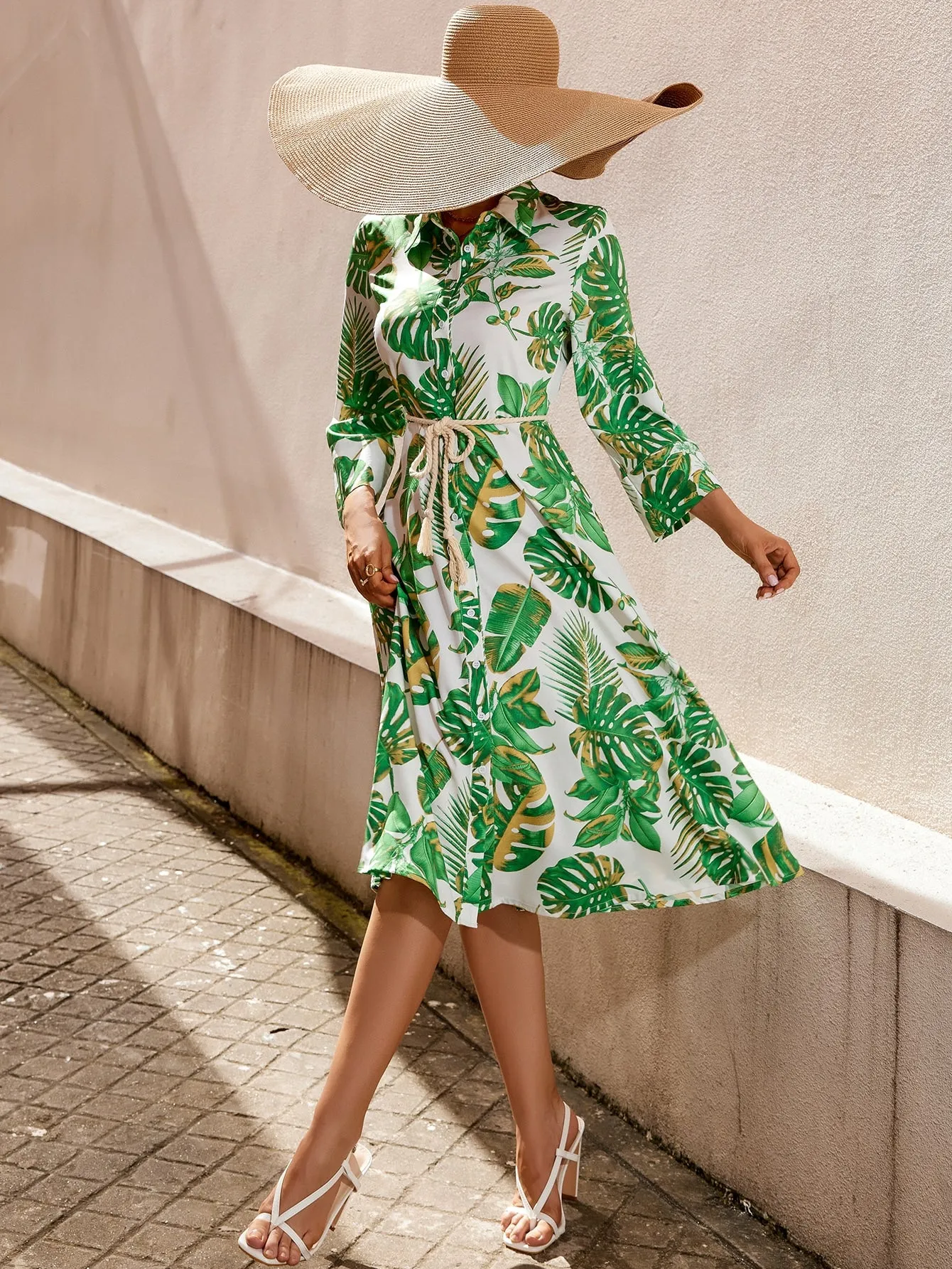 Tropical Print Belted Shirt Dress
