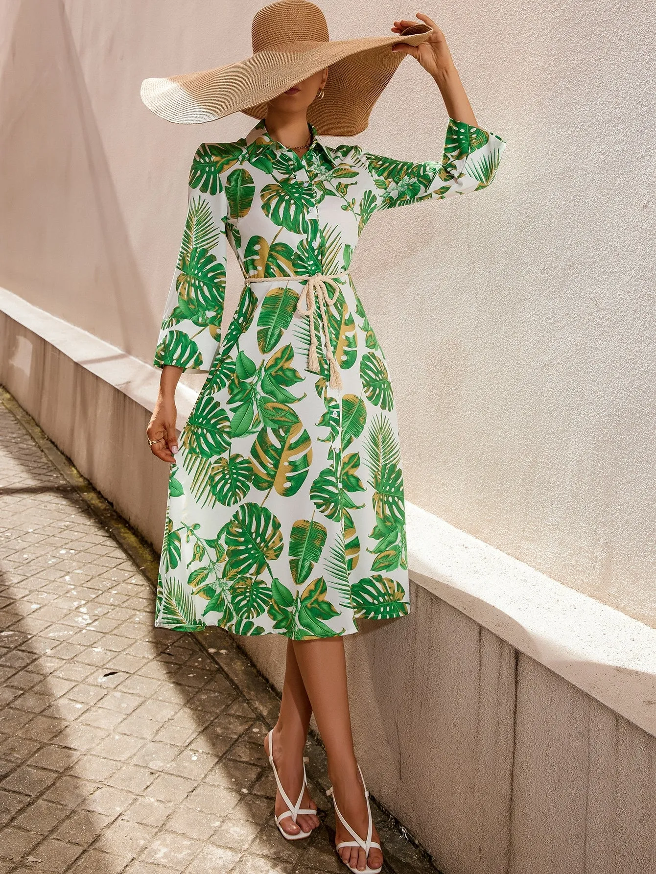 Tropical Print Belted Shirt Dress