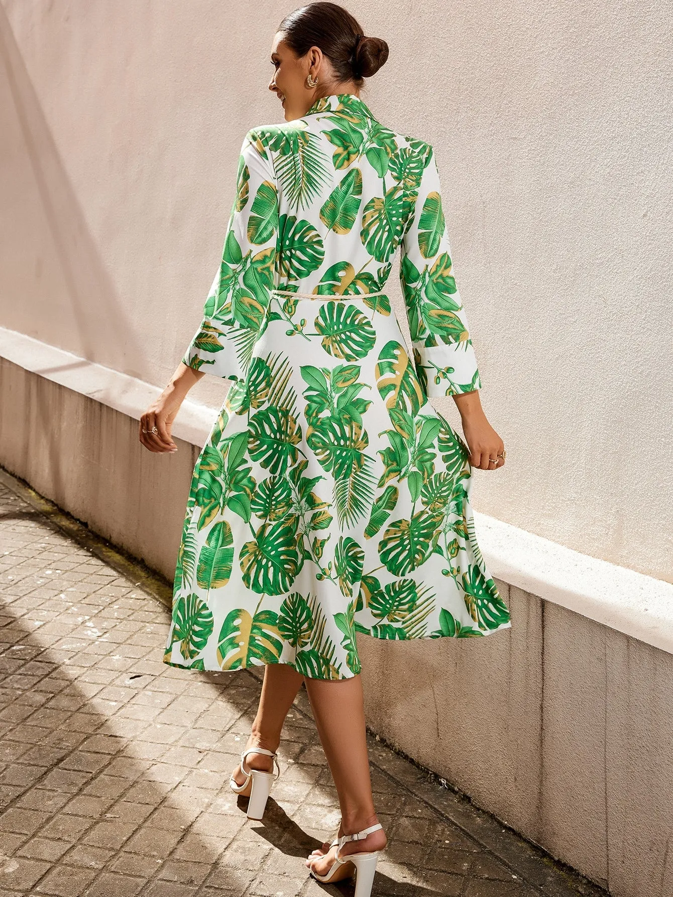 Tropical Print Belted Shirt Dress