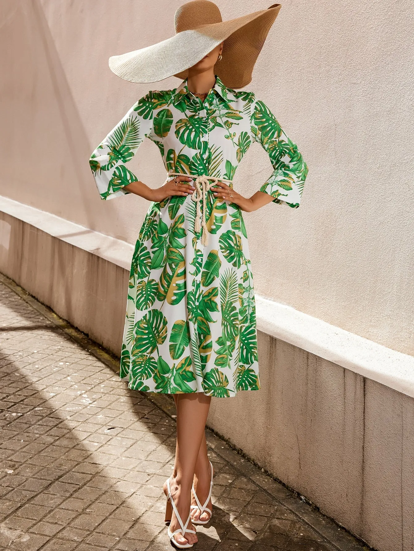 Tropical Print Belted Shirt Dress
