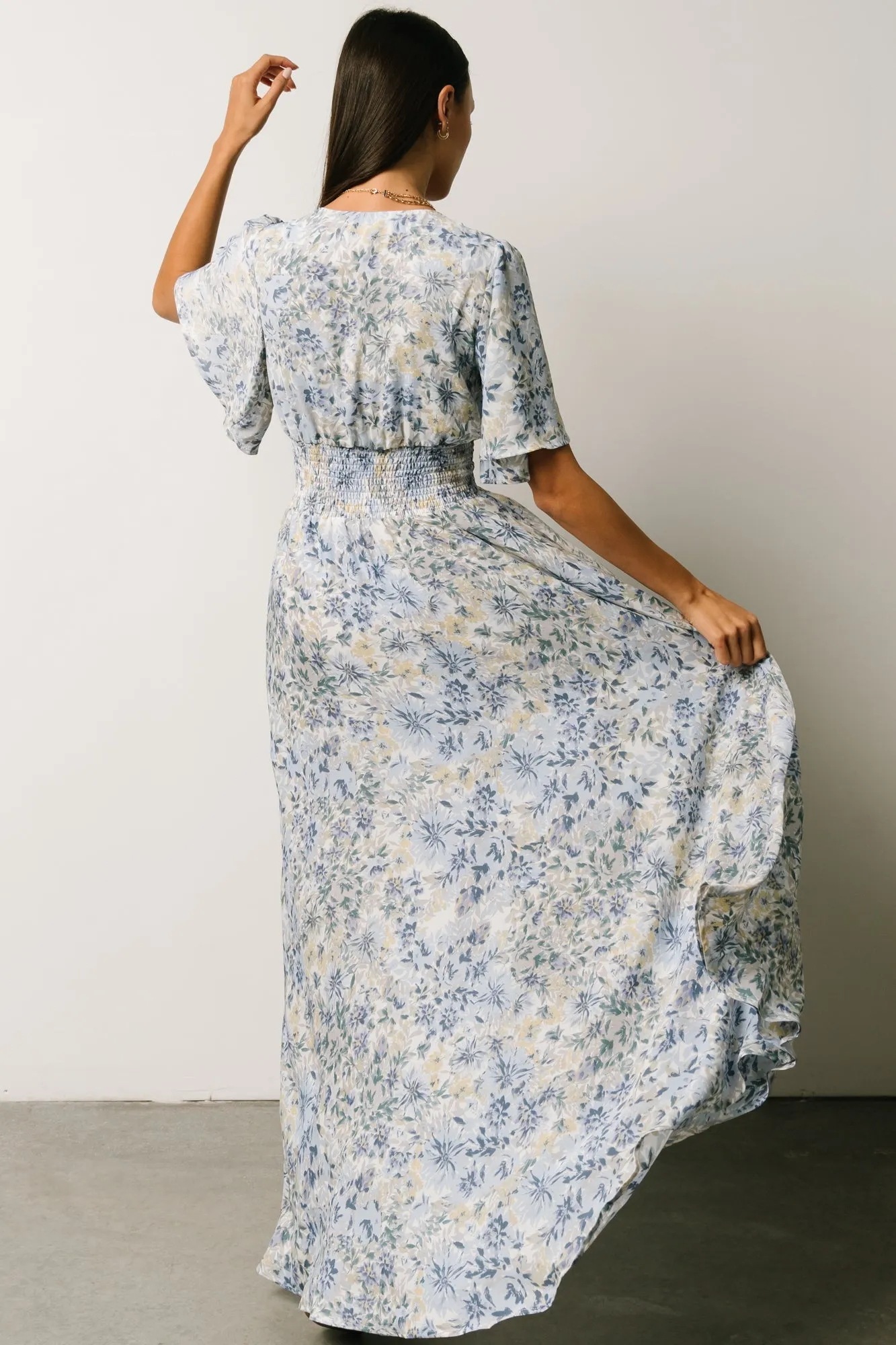 Verona Smocked Maxi Dress | White   Blue Print