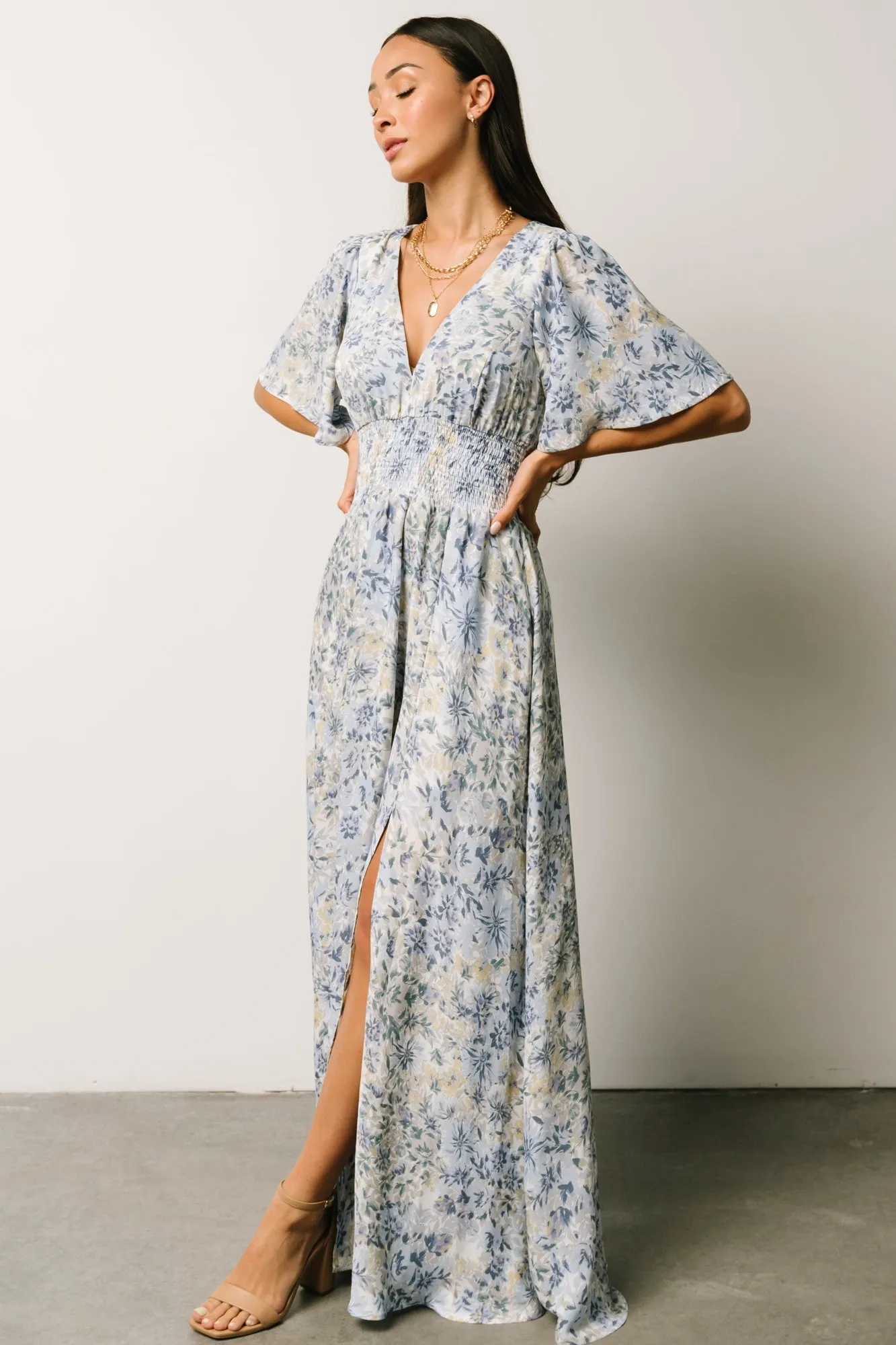 Verona Smocked Maxi Dress | White   Blue Print