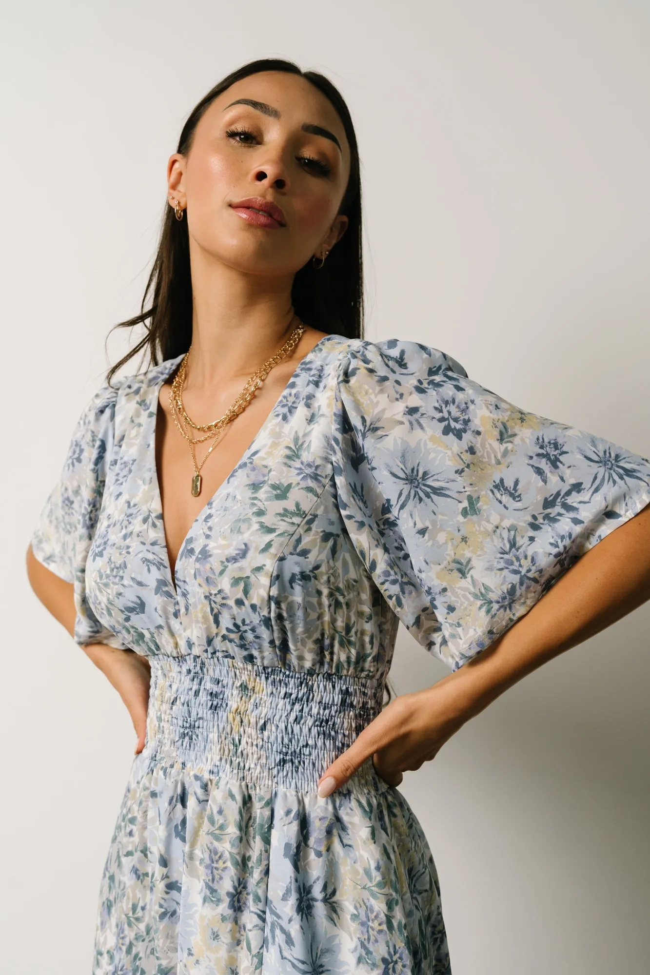 Verona Smocked Maxi Dress | White   Blue Print
